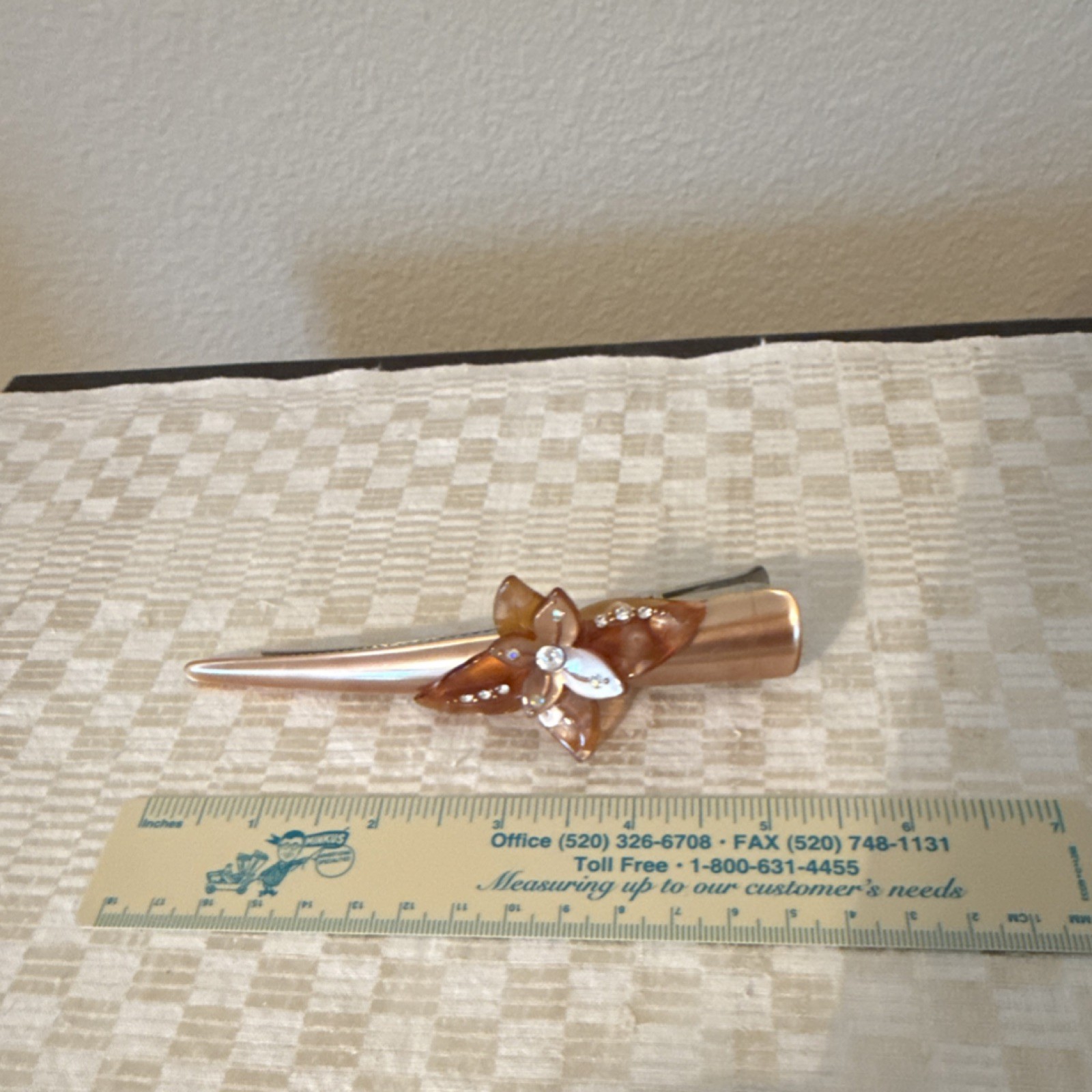 Rose Gold/Brown Metal & Plastic Flower Hair Clip with Rhinestone Accent Women