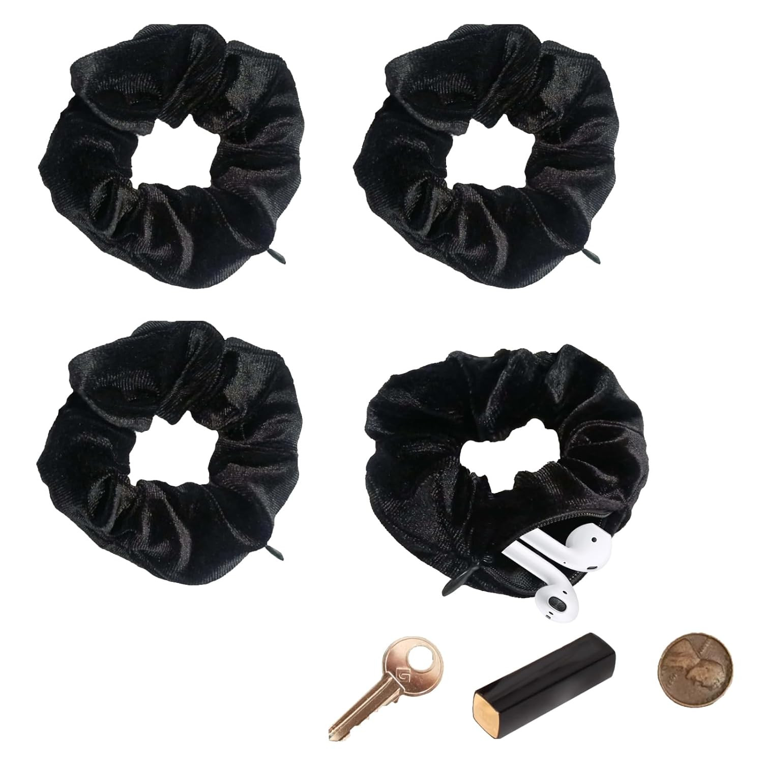 Velvet Scrunchie with Zipper Pocket for Women – 4PCS Hidden Storage Hair Tie
