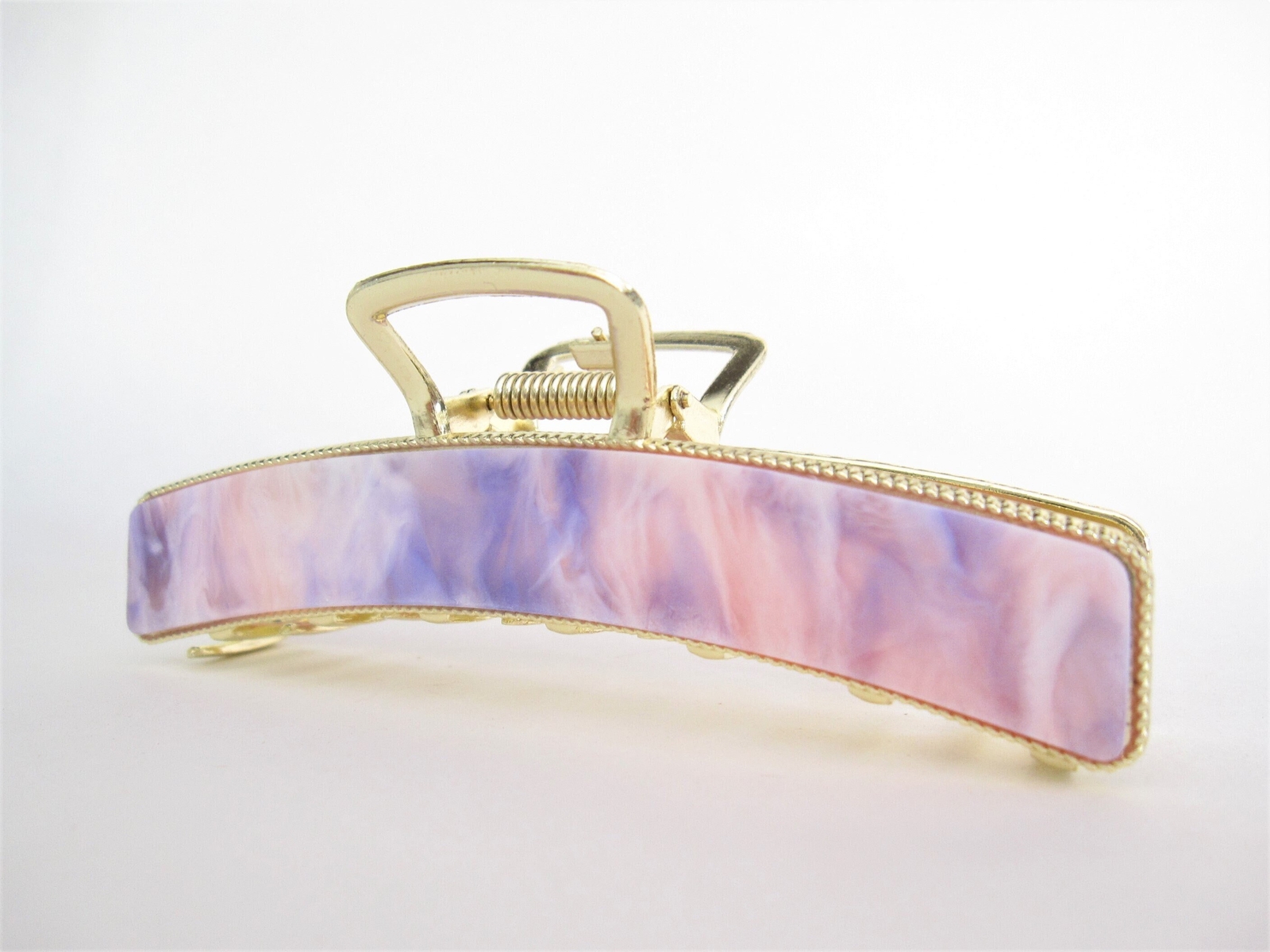 Long gold metal and lavender purple pink marbled acrylic hair claw clip
