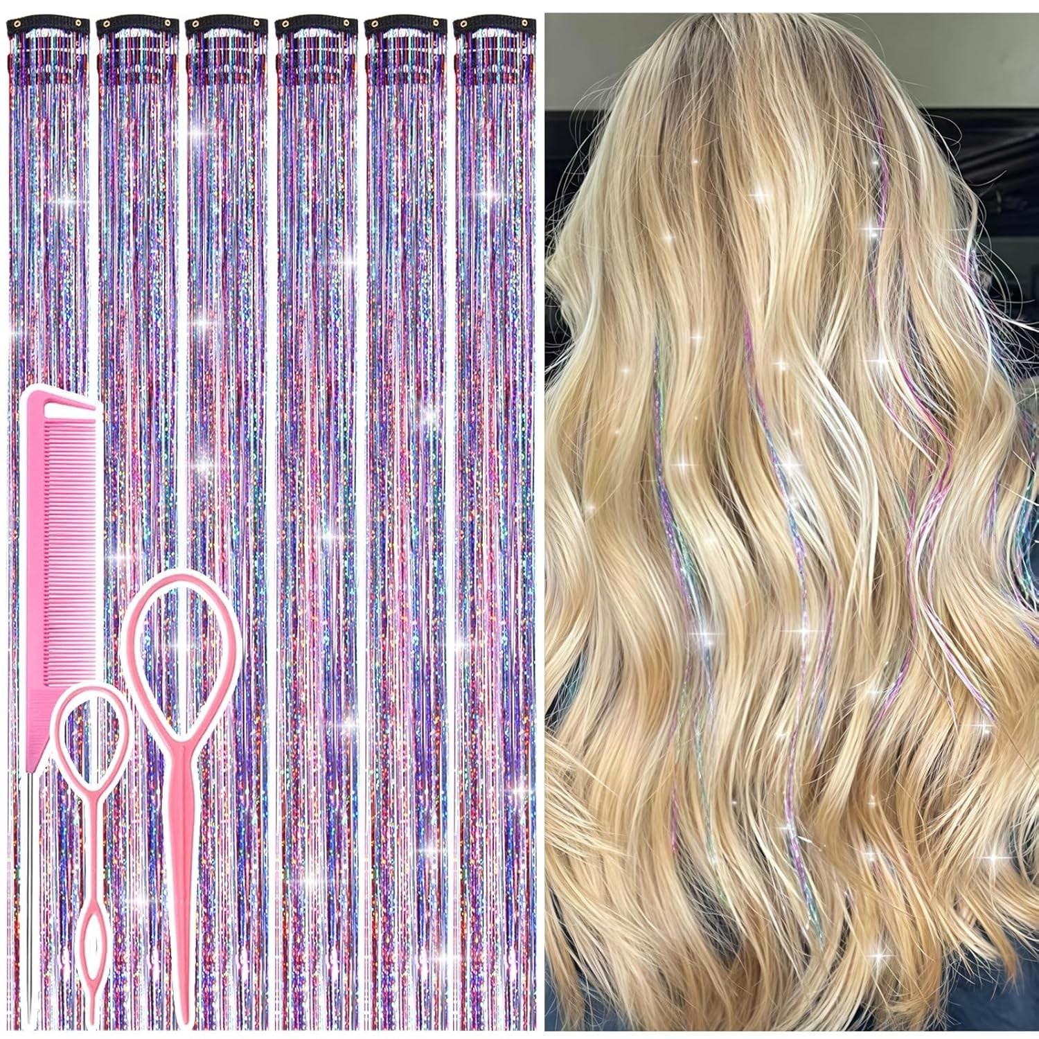 Hair Tinsel Clip in Dreamy Colorful Fairy Hair Tinsel Kit, 12 Pcs 24 Inch Glitte