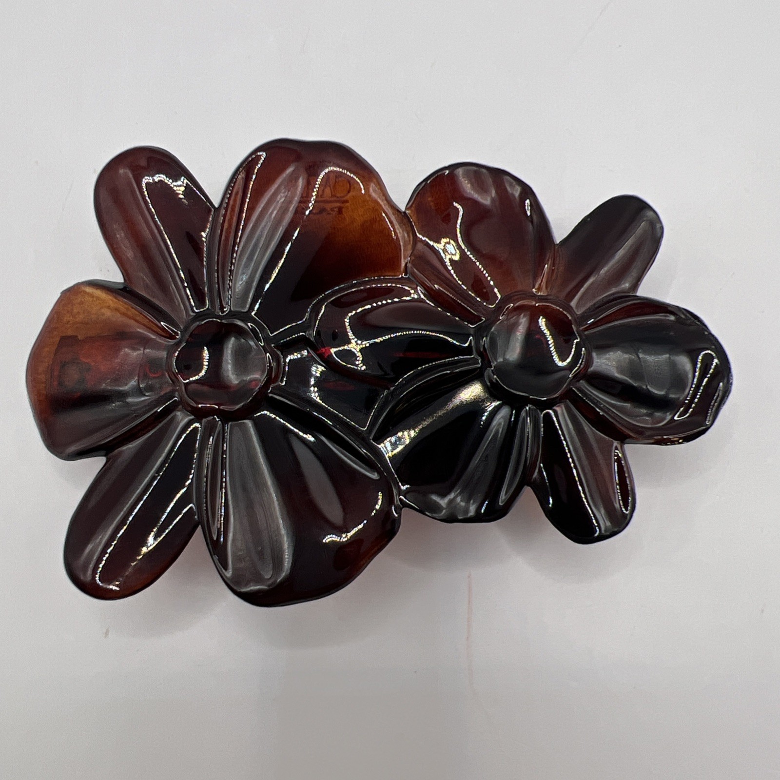 Camila French Large Wide Flower Shell Brown Celluloid Hair Clip Barrette 3”