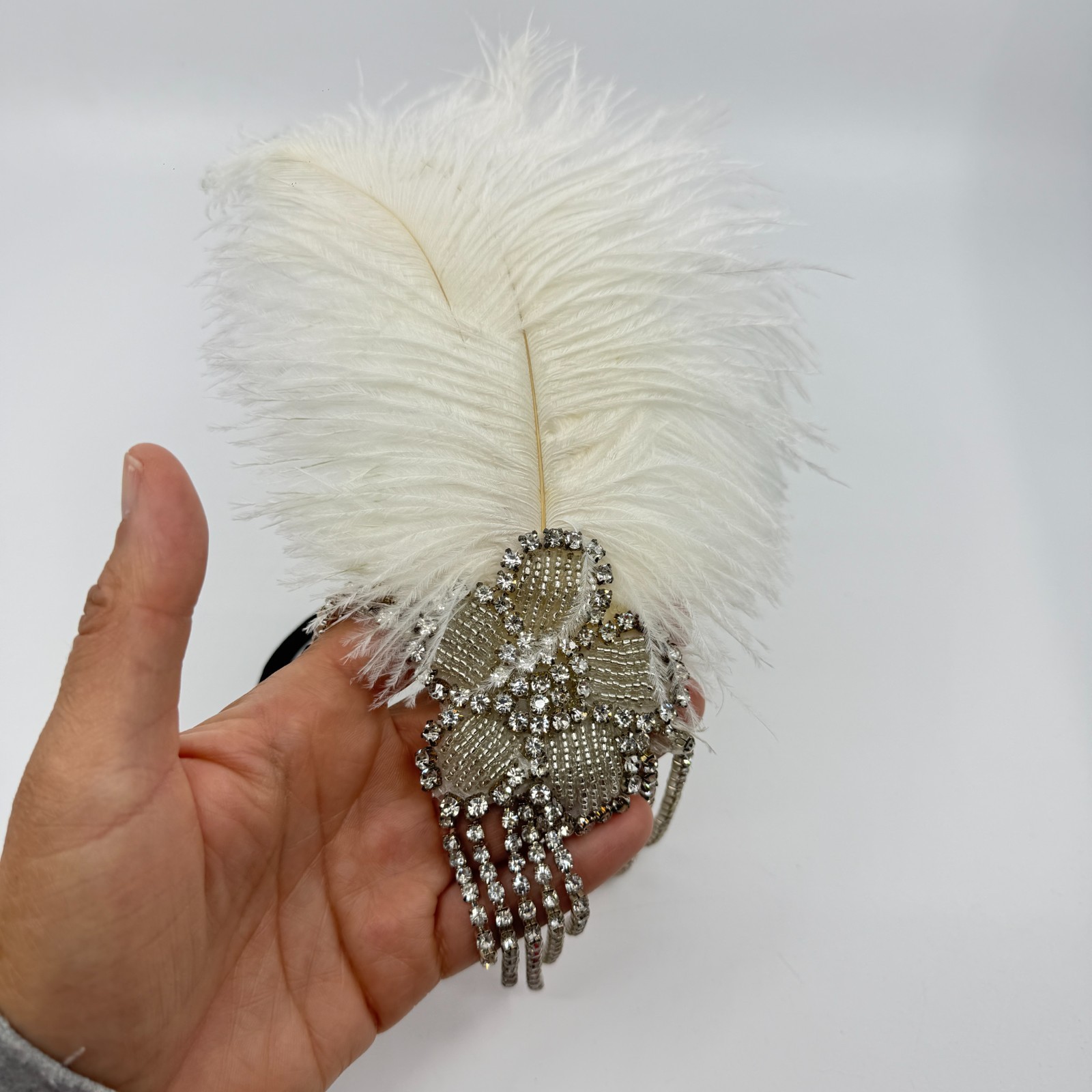 Glamorous 1920s Flapper Headband White Feather Crystal Rhinestone Gatsby Style