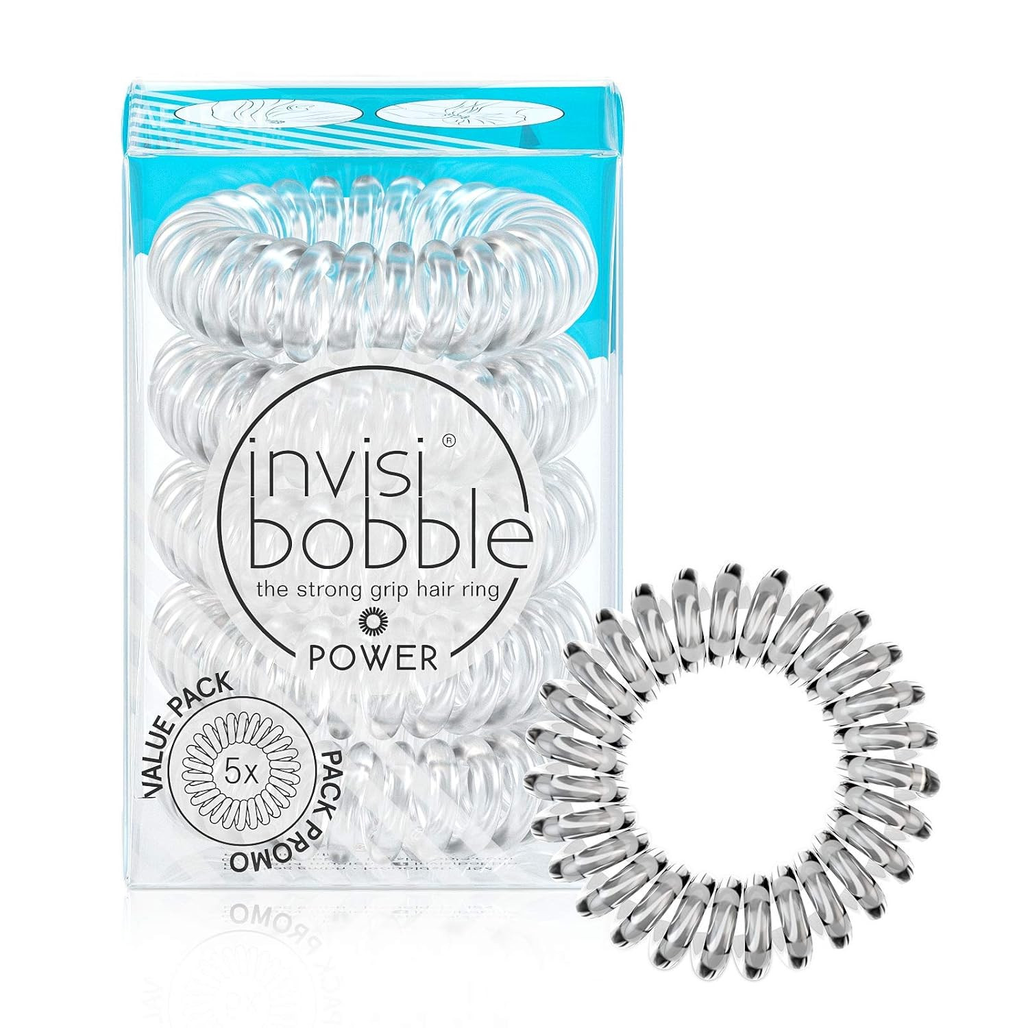 Power Traceless Spiral Hair Ties – 5 Pack – Crystal Clear – Strong Elastic Grip