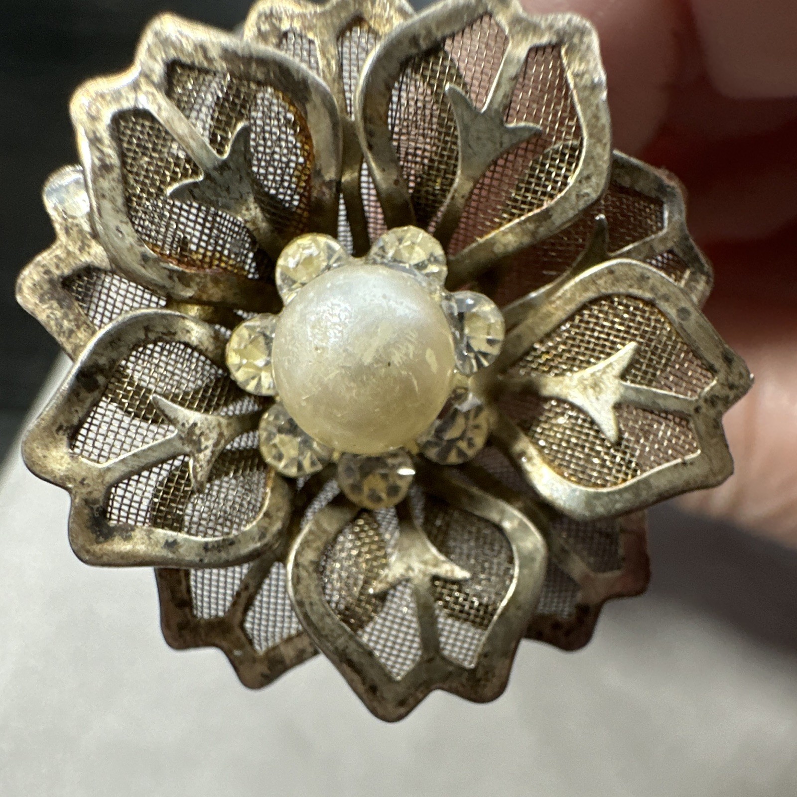 Silver Tone Metal Flower Hair Pin/Fork, Pearl Beaded Accents, Decorative