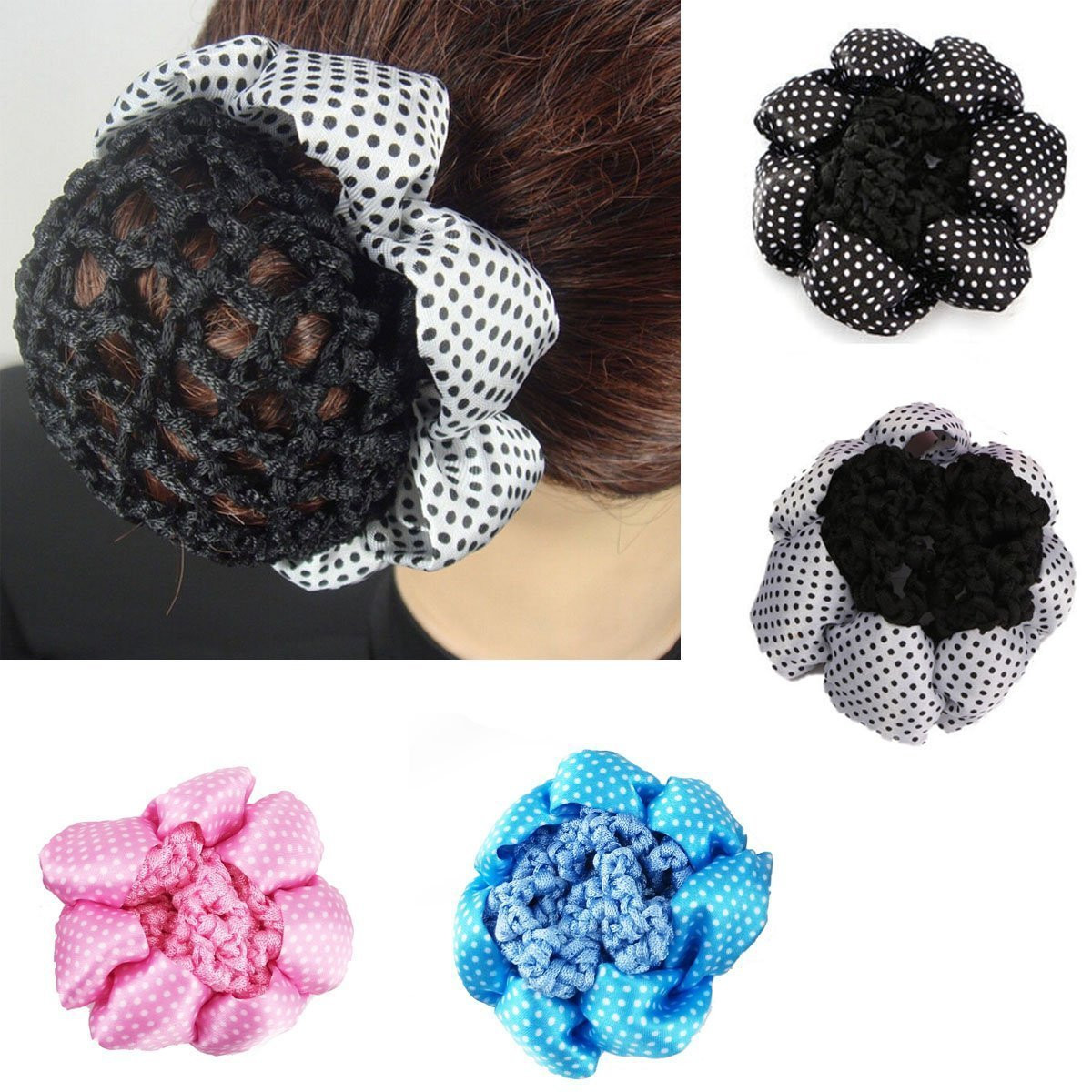 Yueton 4Pk Ballet Bun Hair Net Snood Polka Dot Bun Cover for Girls Women