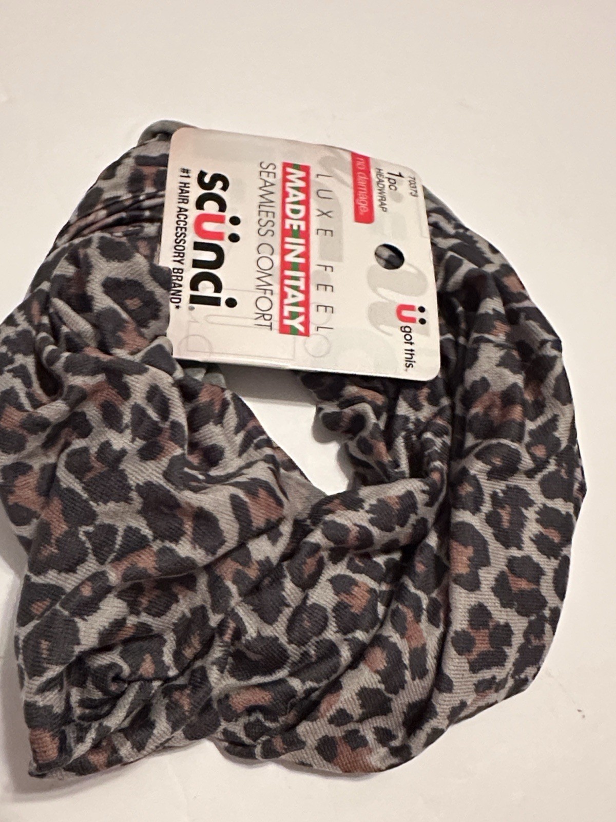 SCUNCI One Piece Gray & Brown Leopard Print Headwrap Seamless Comfort Luxe Feel
