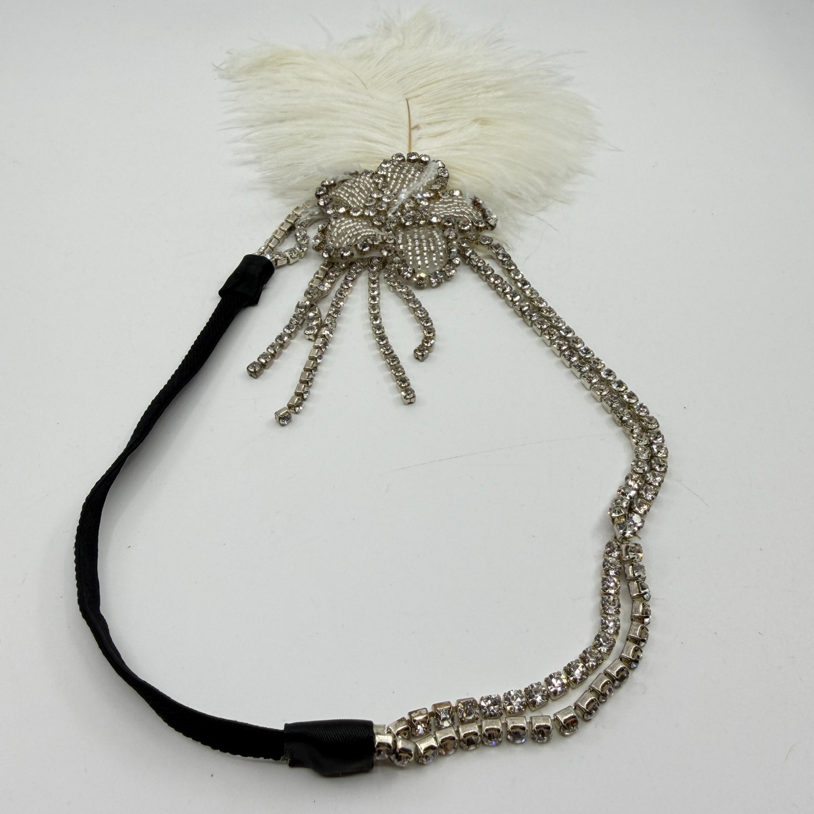 Glamorous 1920s Flapper Headband White Feather Crystal Rhinestone Gatsby Style