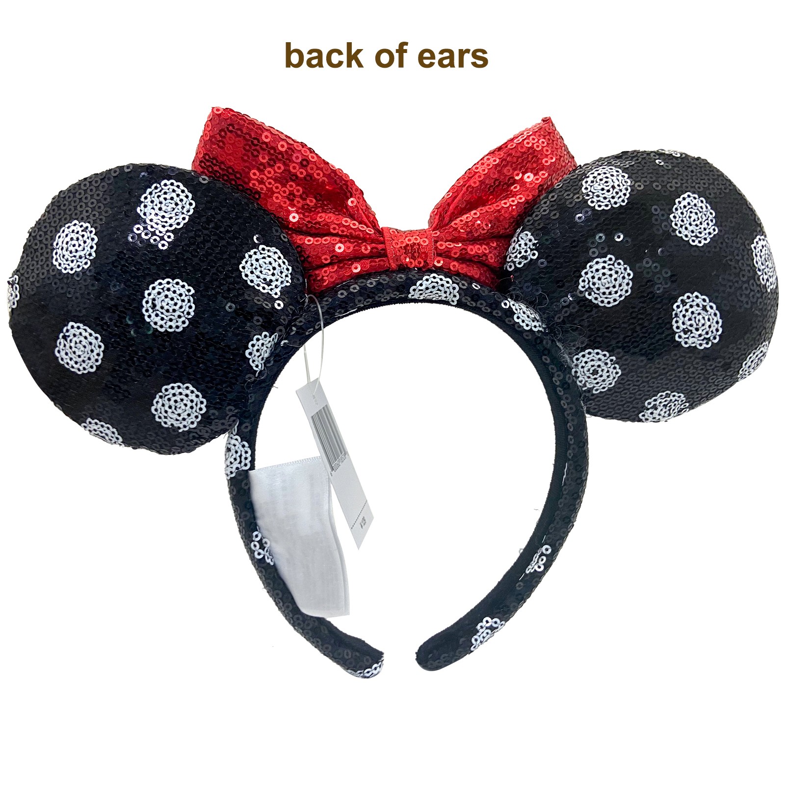 Disney-Parks Minnie Mouse Sequined Black White Polka Dot Red Bow Ears Headband-
