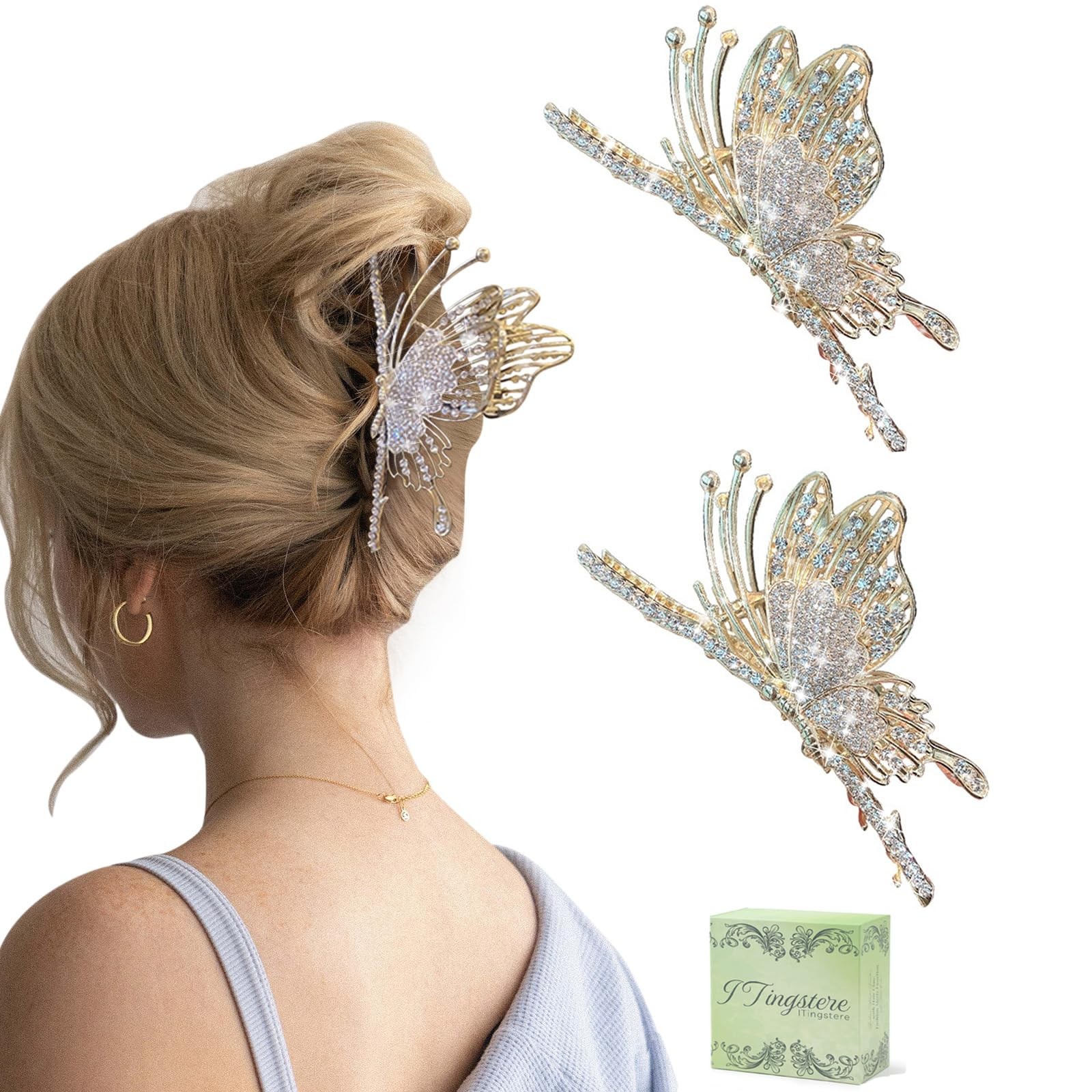 Butterfly Hair Claw Clips for 2 Count (Pack of 1), Butterfly-Rhinstone-2