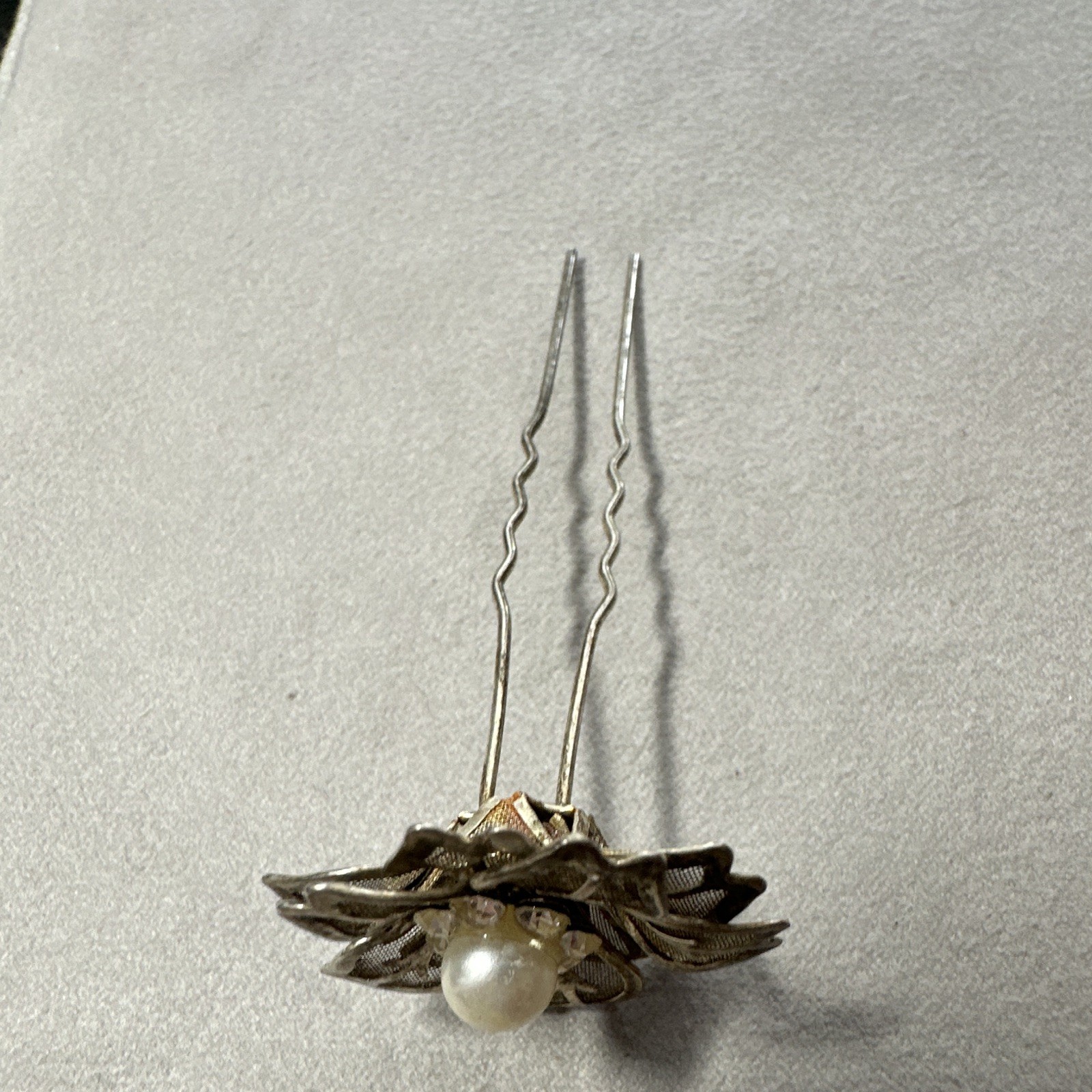 Silver Tone Metal Flower Hair Pin/Fork, Pearl Beaded Accents, Decorative