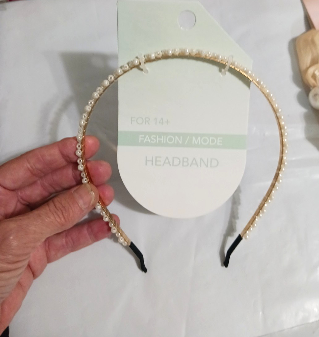 Hair Bands lot of 6. Pink bow, padded. pearl beads on goldtone band. All 6 New
