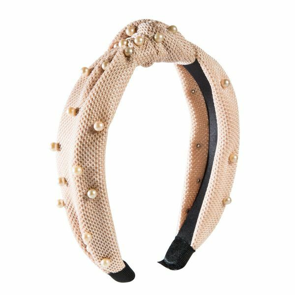 NEW Cream Beige Mesh Net Textured Fabric Faux Pearl Embellished Knotted Headband