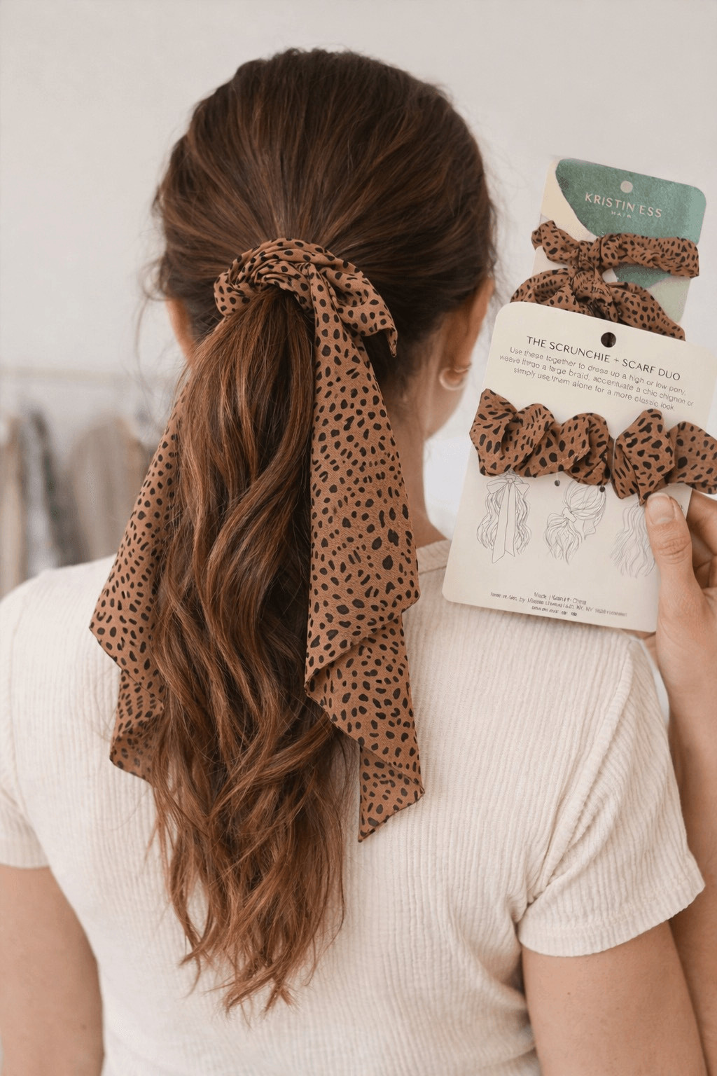 Kristin Ess Hair Cheetah Print Scrunchie Scarf Duo Hair Tie Ponytail Bow NWT