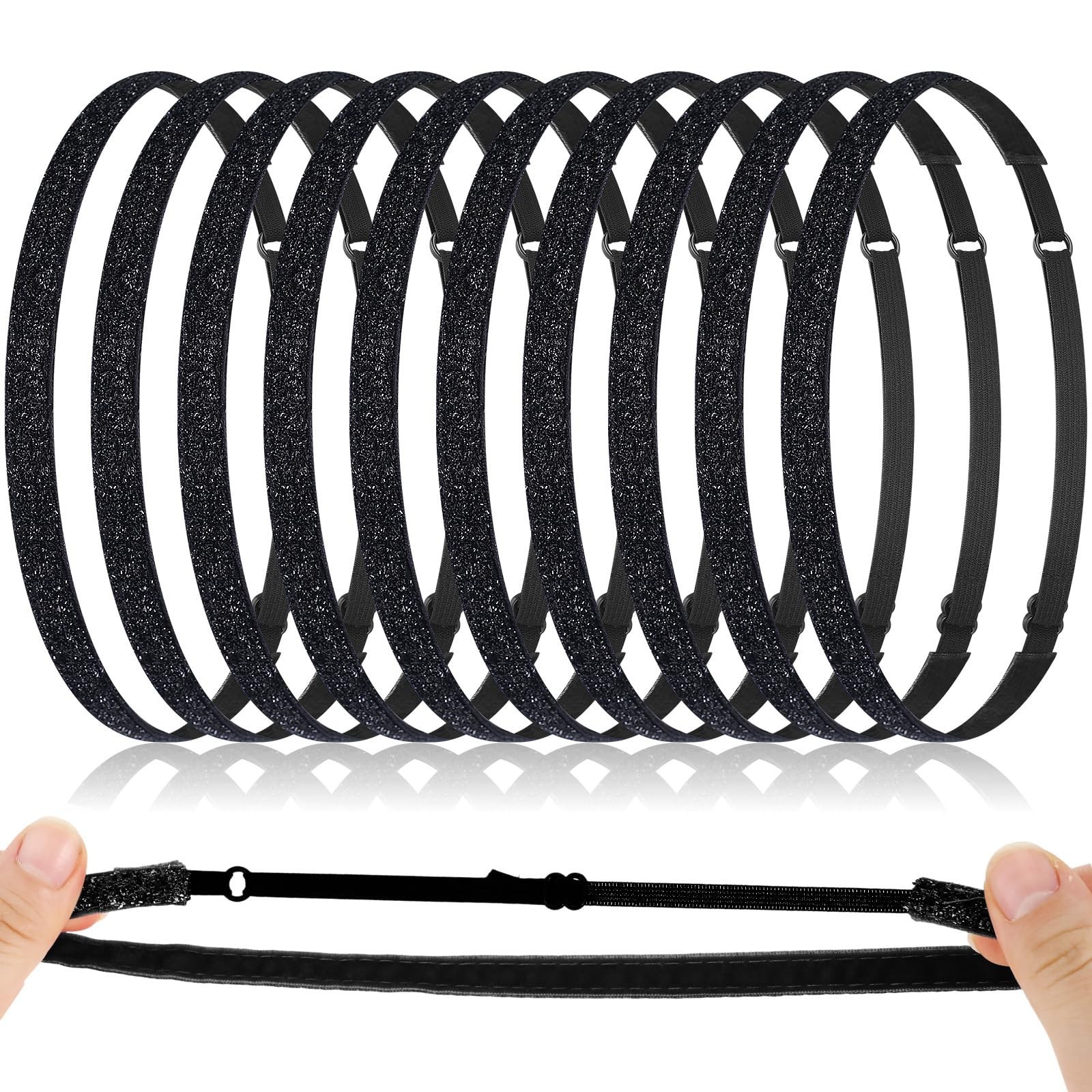 10 Pcs Black Glitter Non-Slip Headbands for Girls – Elastic Sports Velvet Hair A