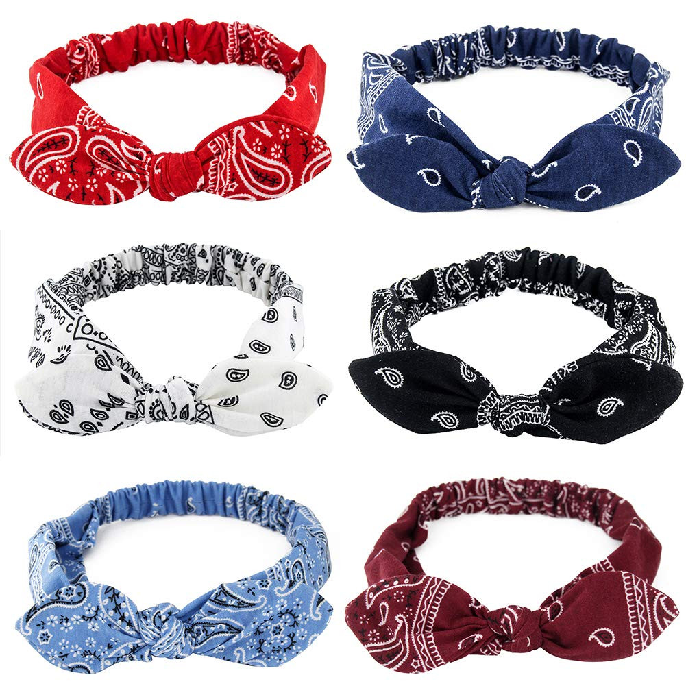 6 Pack Elastic Paisley Bandana Knot Headbands Rabbit Ear Bow Headband Turban Hea