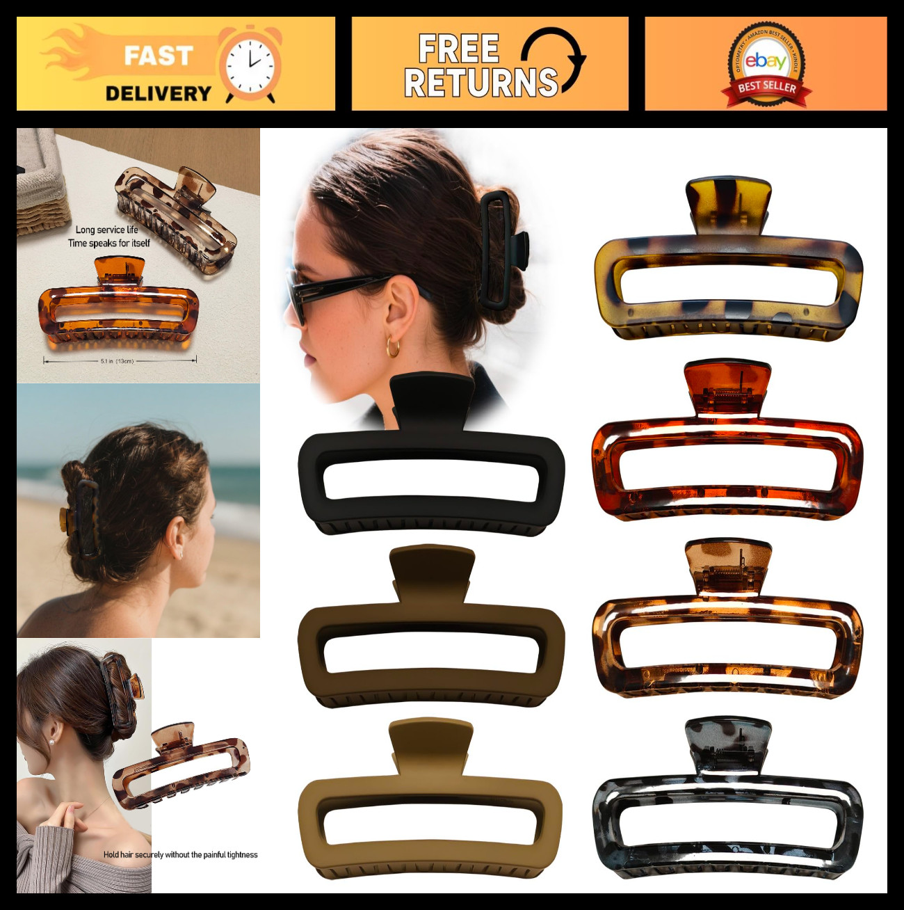 5 Inch Large Hair Claw Clips – No Slip Matte & Glossy Unbreakable XL Set for Thi