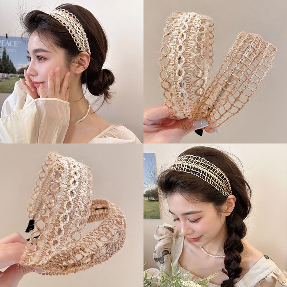 2PACK Straw Wide-Brimmed Braided Headband Hair Band Hand-Woven Linen Hair Hoop