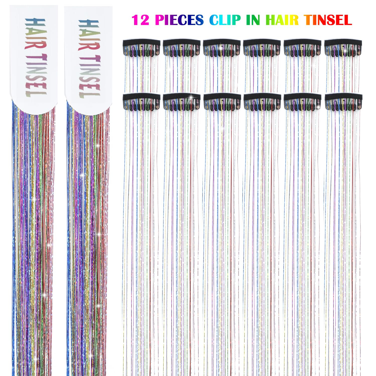 Hair Tinsel Clip in Pack of 12 Pcs Glitter Tinsel Hair Extensions 24 Inch Clip i