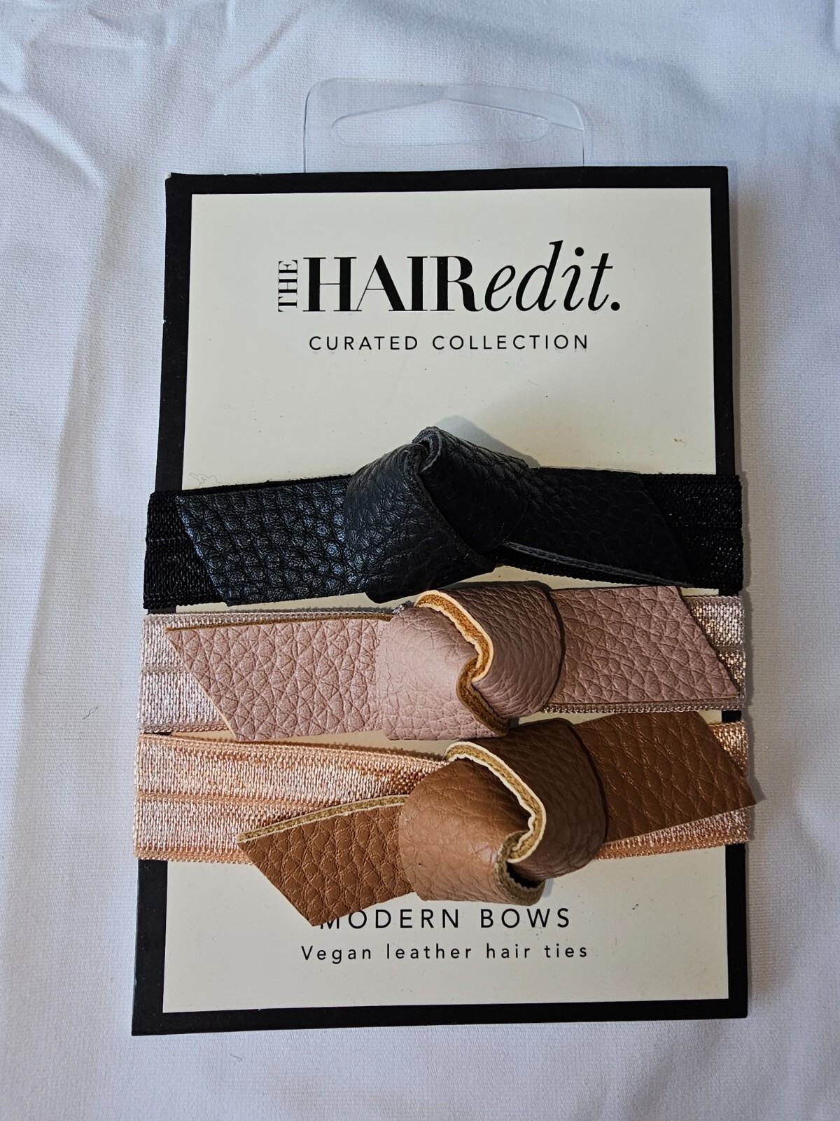 The Hair Edit Vegan Leather Modern Hair Tie Bows 3 Pack Black Cream Tan New