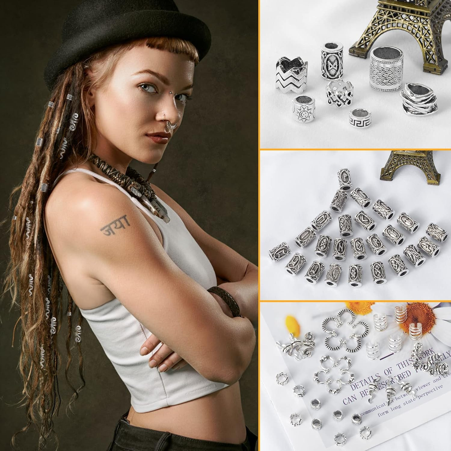 152PCS Vikings Hair Jewelry Norse Runes Tube Beads, Metal Clips Cuffs Rings, Acc