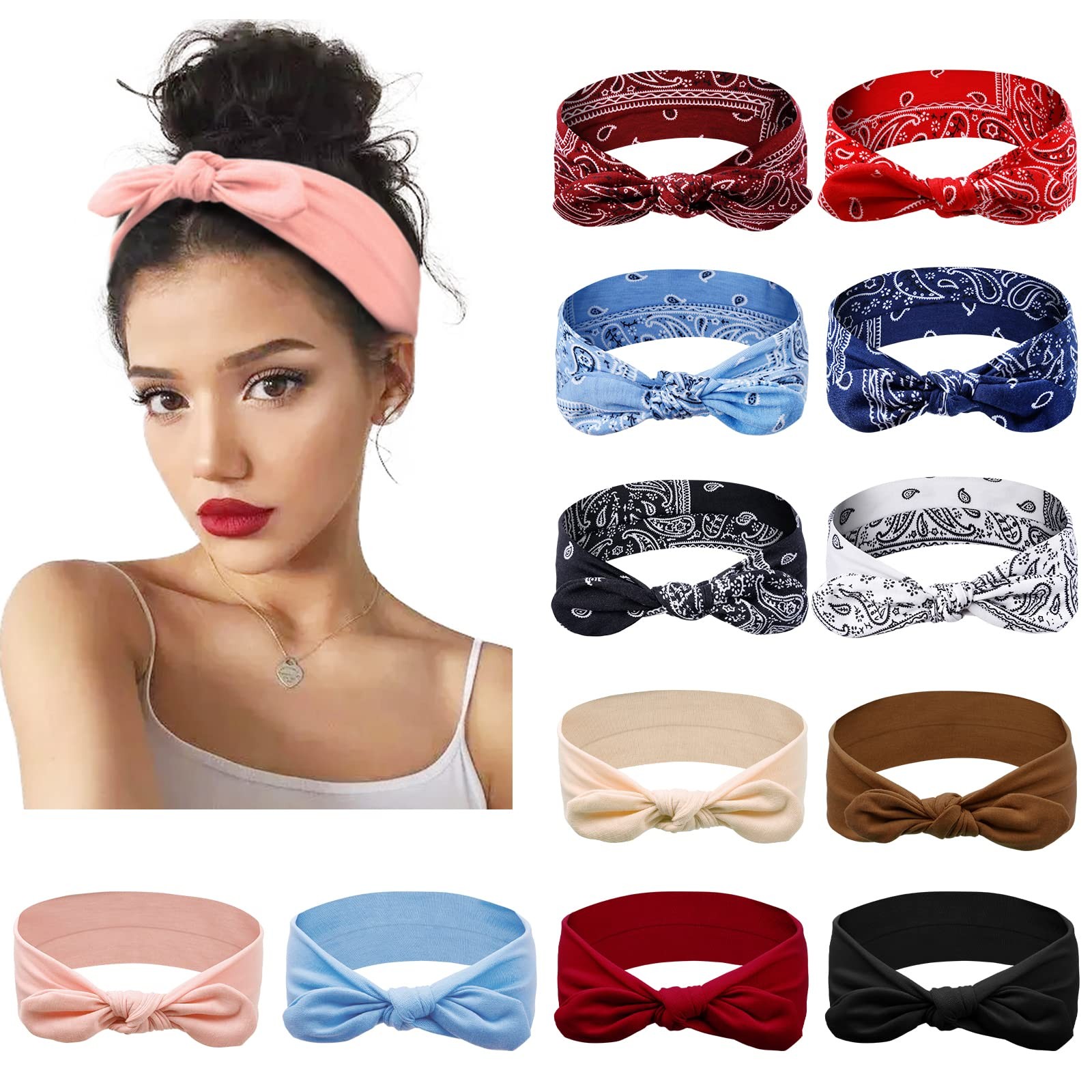 Huachi 12 Pack Bow Headbands for 12 Count (Pack of 1), Retro Elegance Style