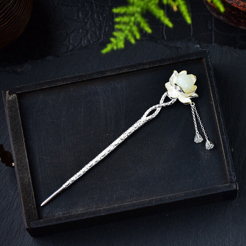 S925 Silver Chinese Hetian Jade Lotus Hairpin Hanfu Hair Stick Retro for Women