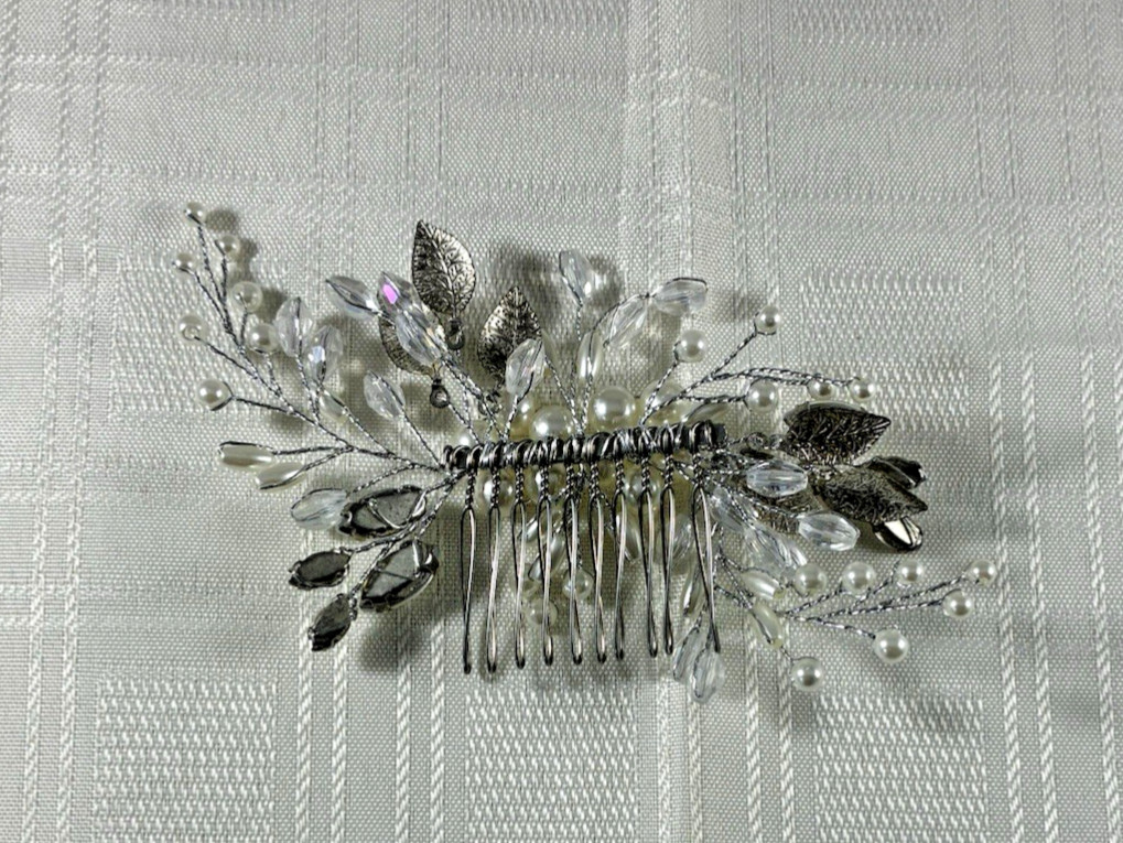 Silver Floral Wedding Hair comb pin with Faux Pearls & Clear Crystal Accents