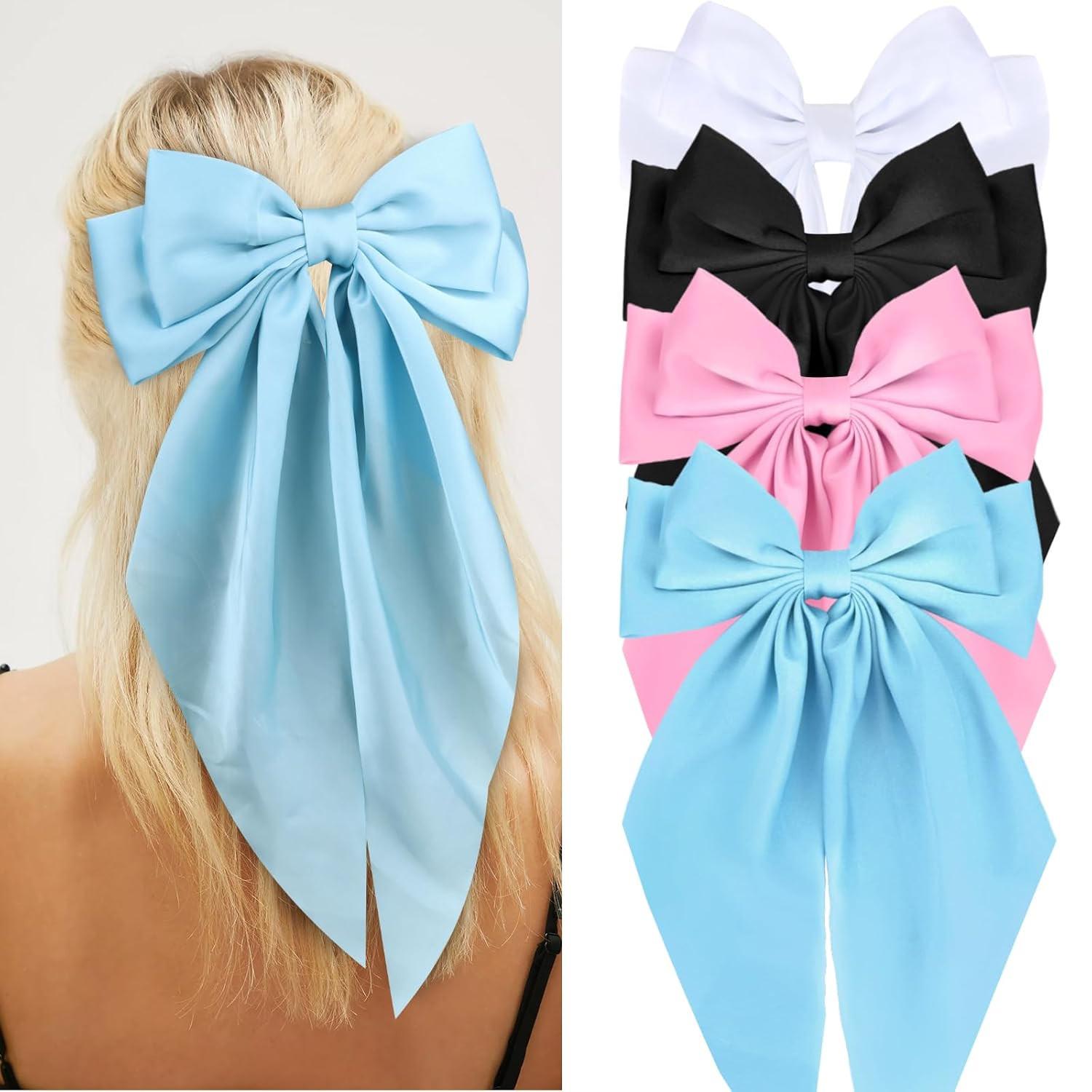 4pcs Hair Barrettes: Big Satin Bows in White, Black, Pink, Light Blue – Cute Lar