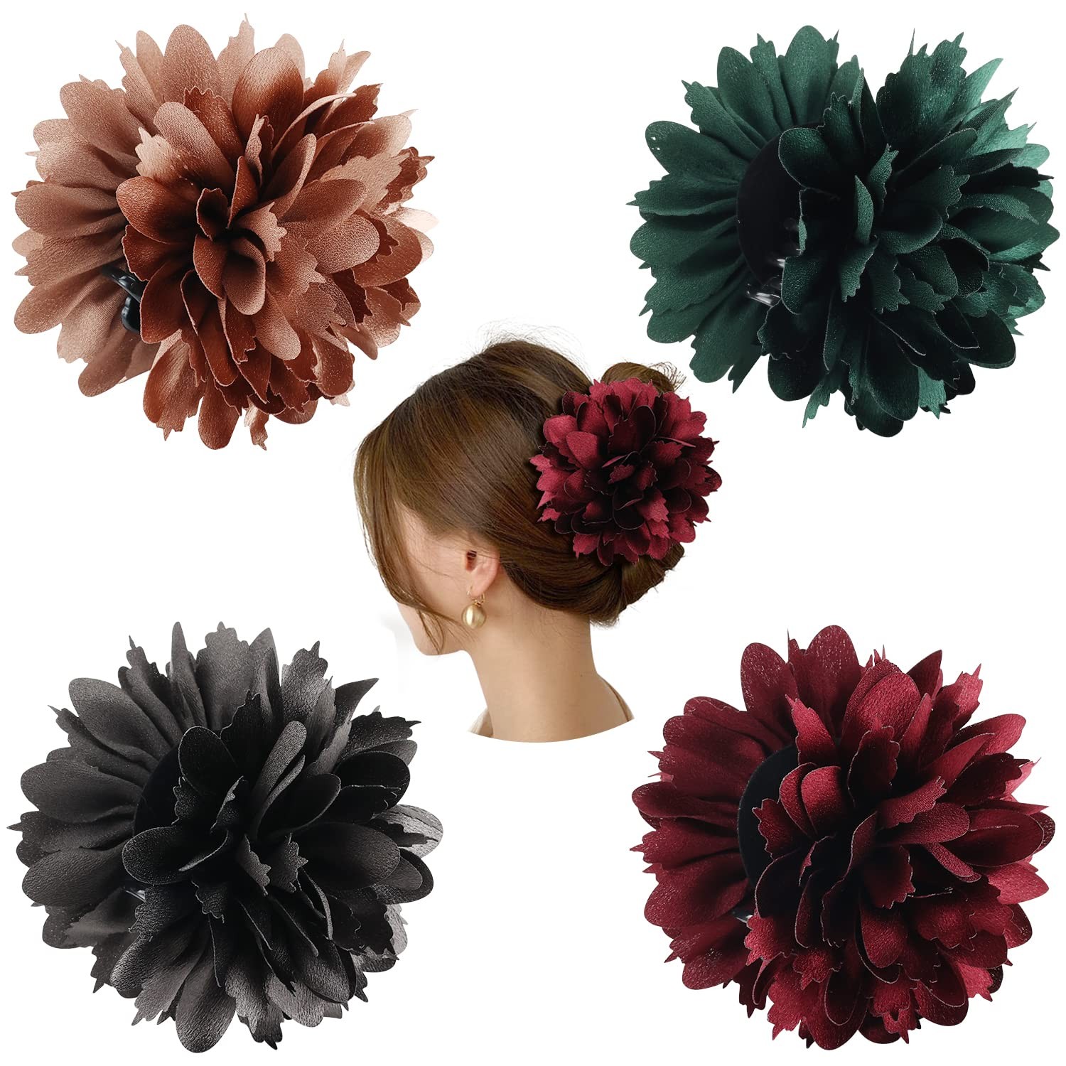 Cinaci 4 Pack Big Large Satin Rose Flower Plastic Hair Claws Clips with Bow Barr