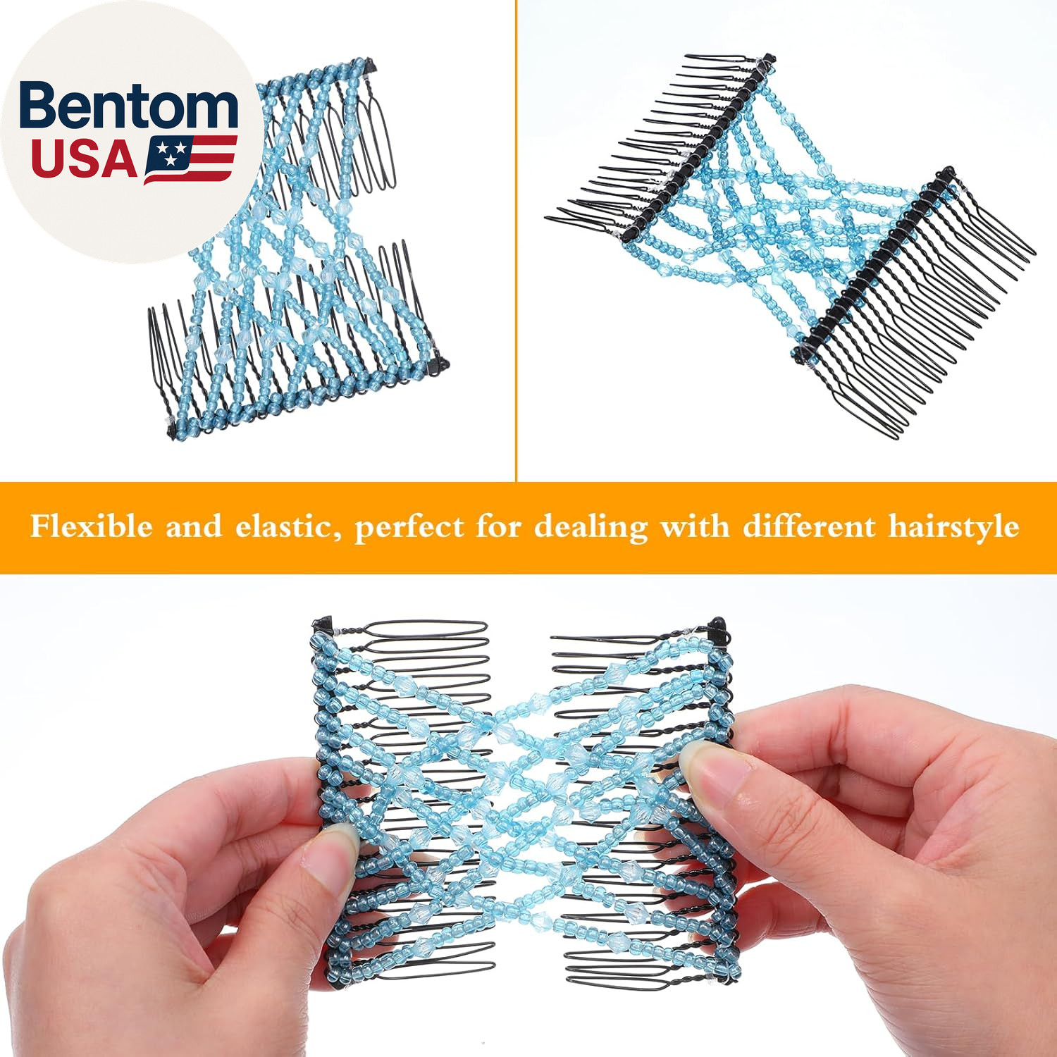 6Pcs Magic Hair Comb Stretchy Hair Clip Adjustable Beaded Hairpins Elastic No Cr