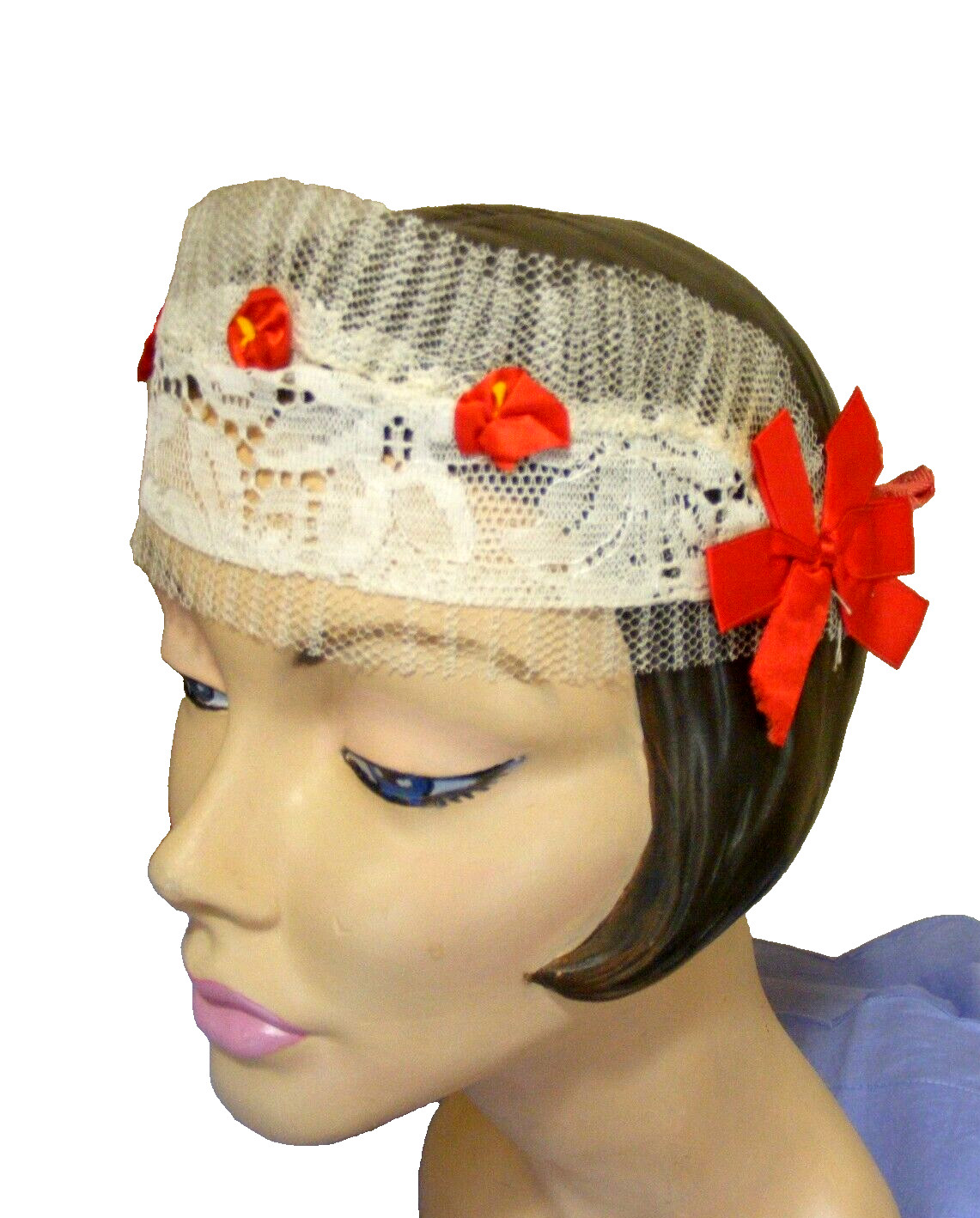 20S FLAPPER HEADBAND LACE RED SILK RIBBON BOW ELASTIC BACK UNWORN WAXED ENVELOPE