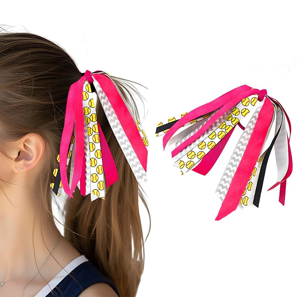 Softball Hair Ties with Ribbons Pink Hair Accessories for Women Softball Ribb…