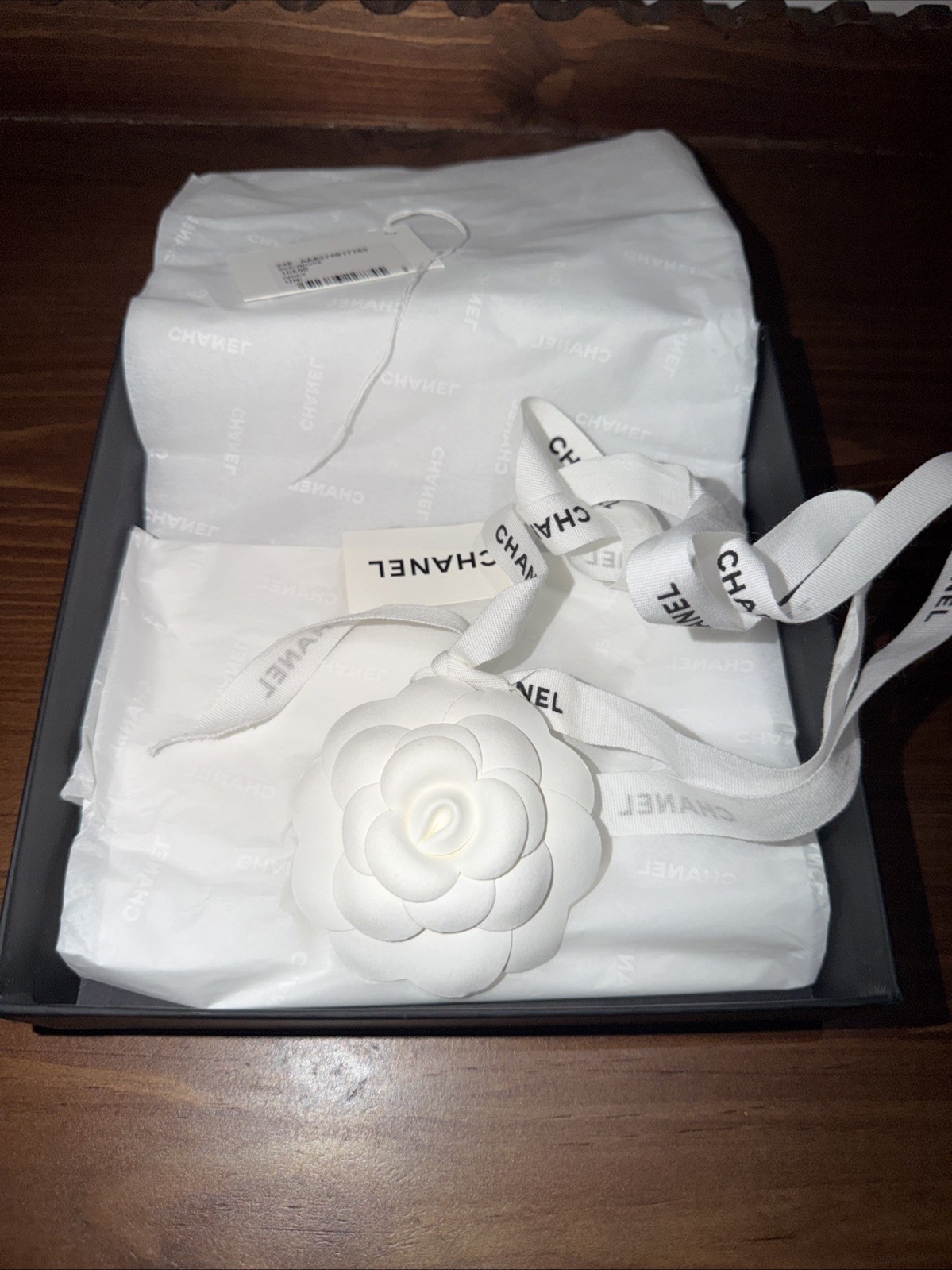 Chanel Hair Bow Scrunchie Ivory Silk White 24B with box and Camilla Flower ￼