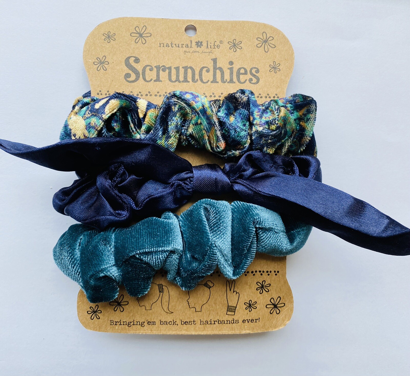 Natural Life Scrunchies set of three solid blue floral print bow FAST SHIP