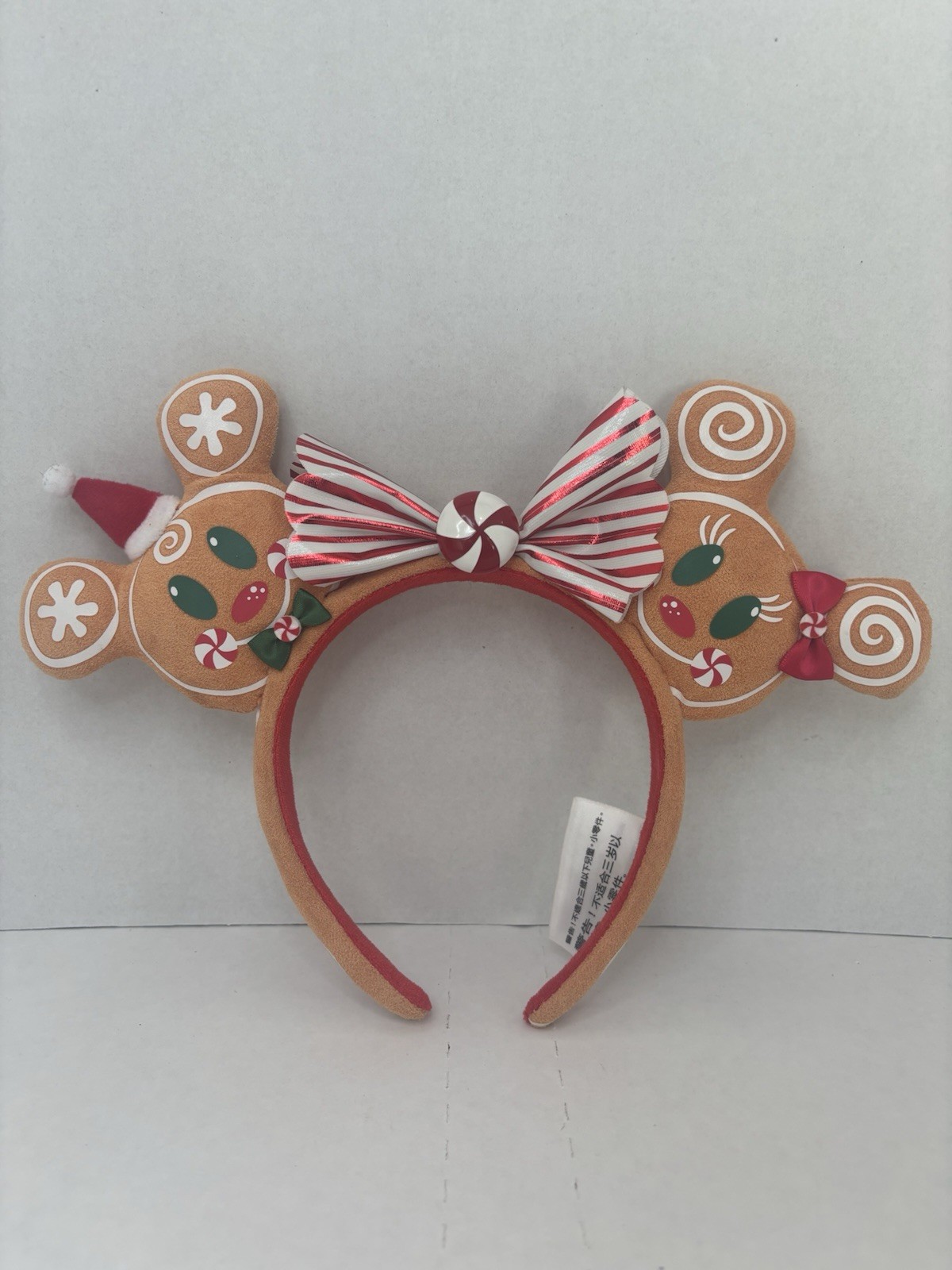 Disney Minnie Mouse Christmas Gingerbread Ears Headband Striped Bow Red/White