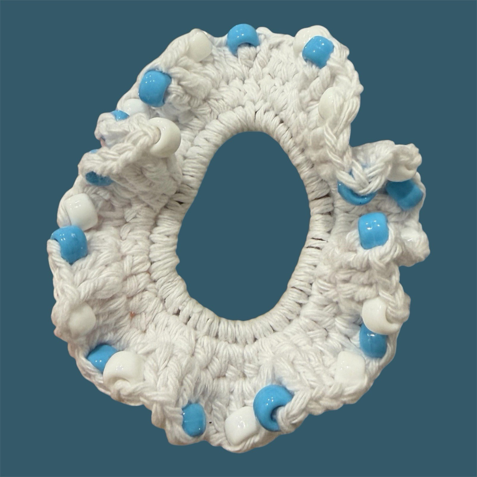 Beaded Crochet Scrunchie Hair Tie, White with Blue & White Plastic Beads