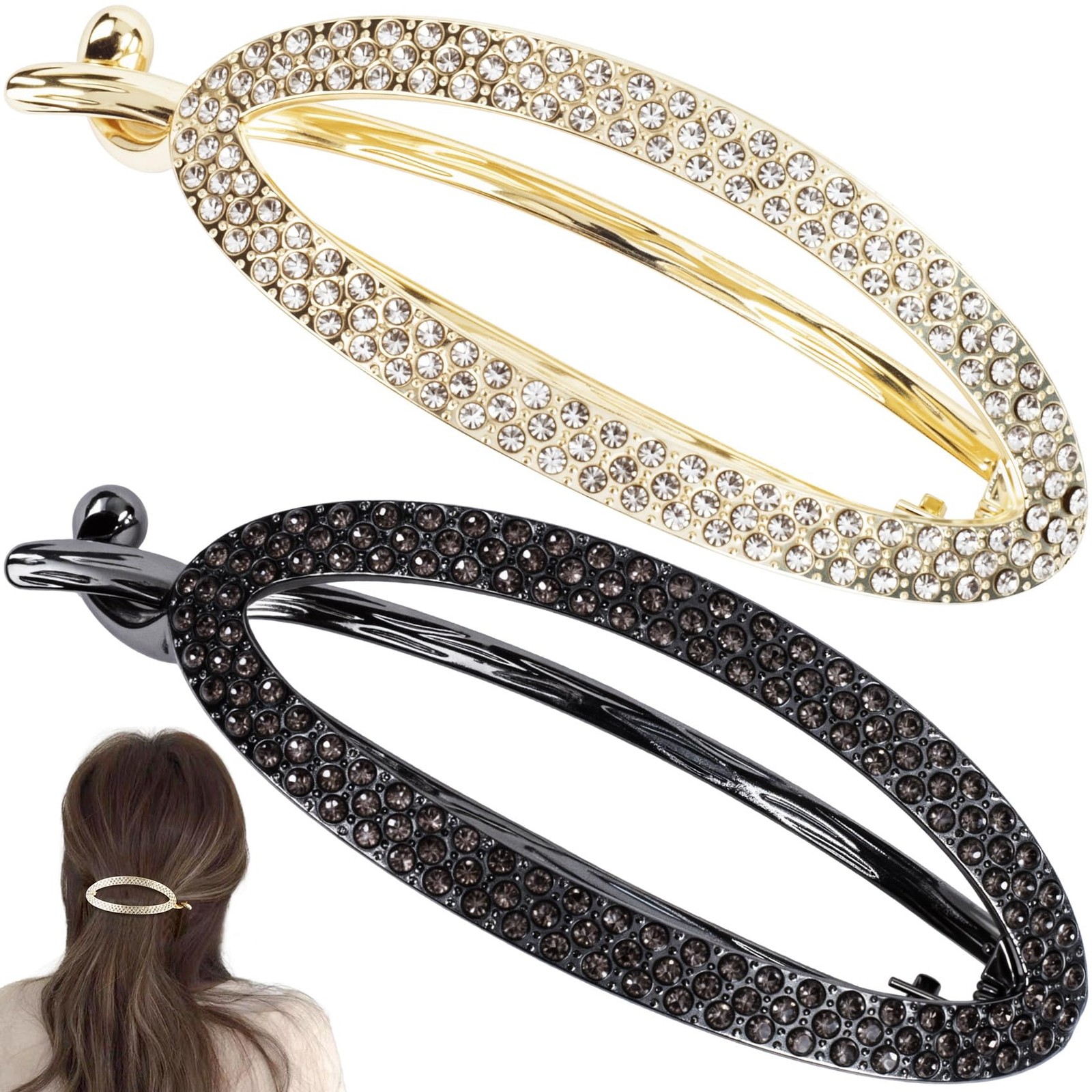 Hzopcw 2pcs French Oval Hair Barrettes, 1 Count (Pack of 2), Gold & Black