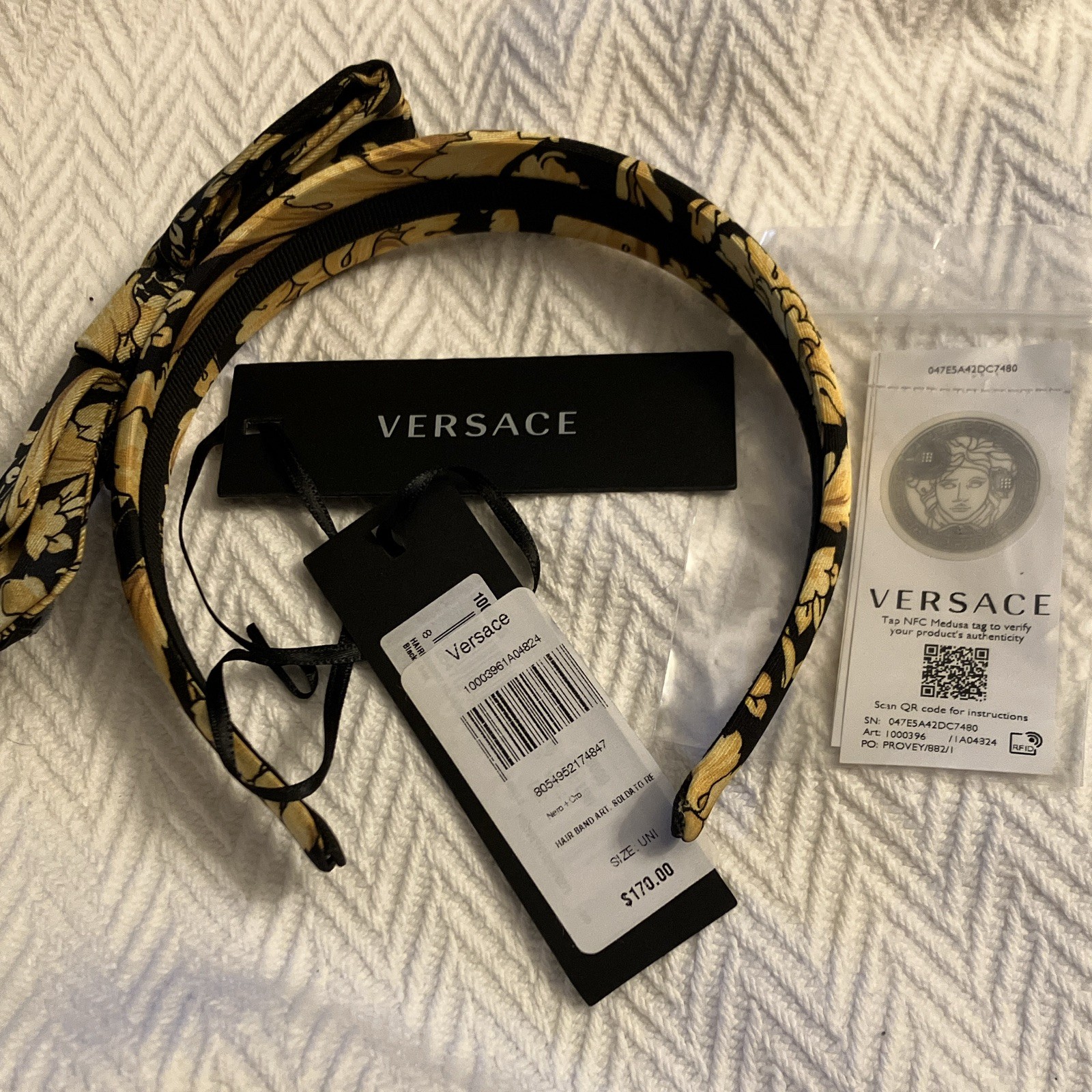 Versace Black/Gold Floral Bow Headband Medusa Logo Accents NFC