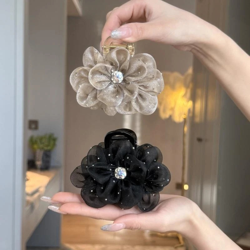 1/2/3Pcs Elegant Mesh Flower Rhinestone Hair Clip for Woman Korean Style Shark C