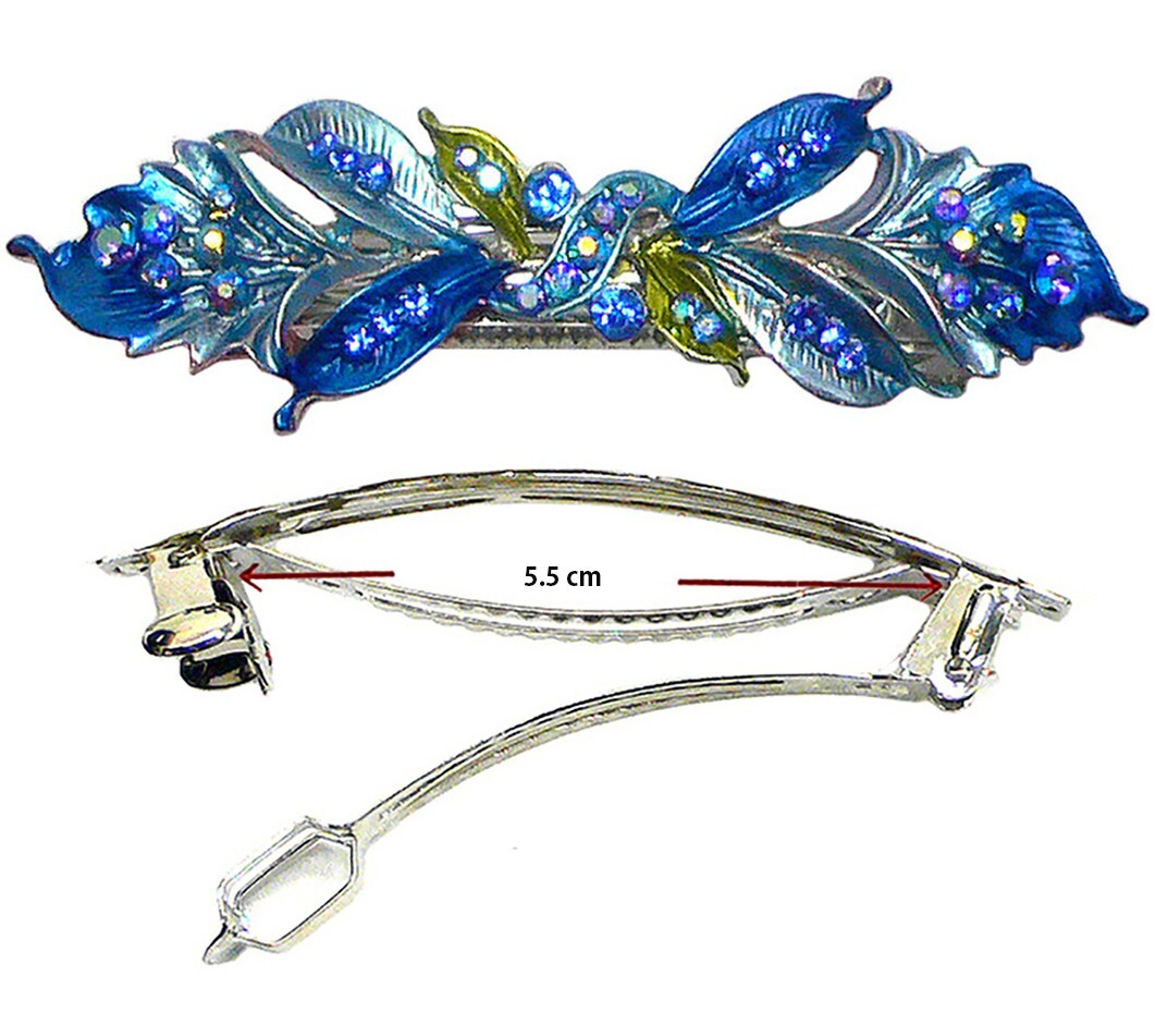 Bella Med Large Barrette Flower & Leaves Hair Clip Sparkly Rhinestone YY86800-3