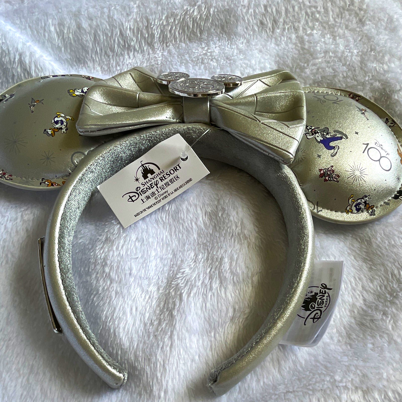 Disney Mickey Mouse Ears Headband Silver Glitter Graphic Pattern with Bow