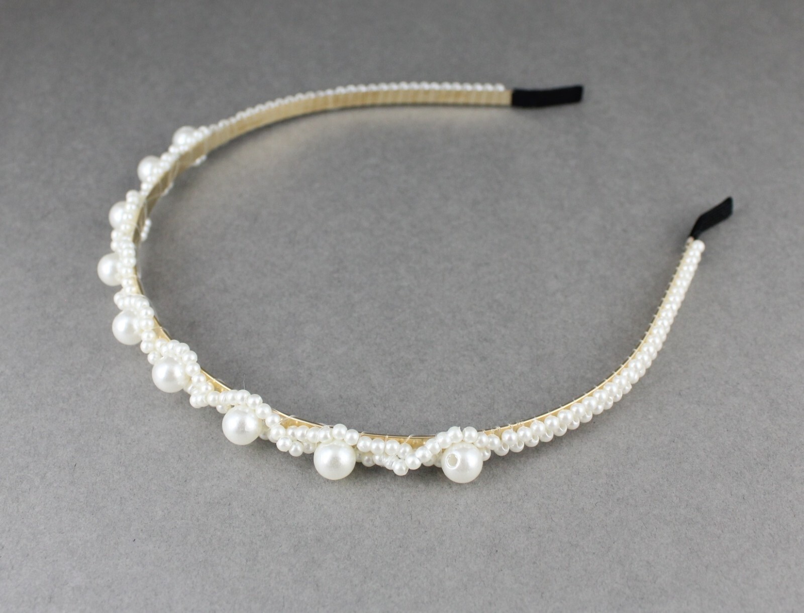 Cream Off-White faux pearl beaded headband thin skinny narrow bridal wedding