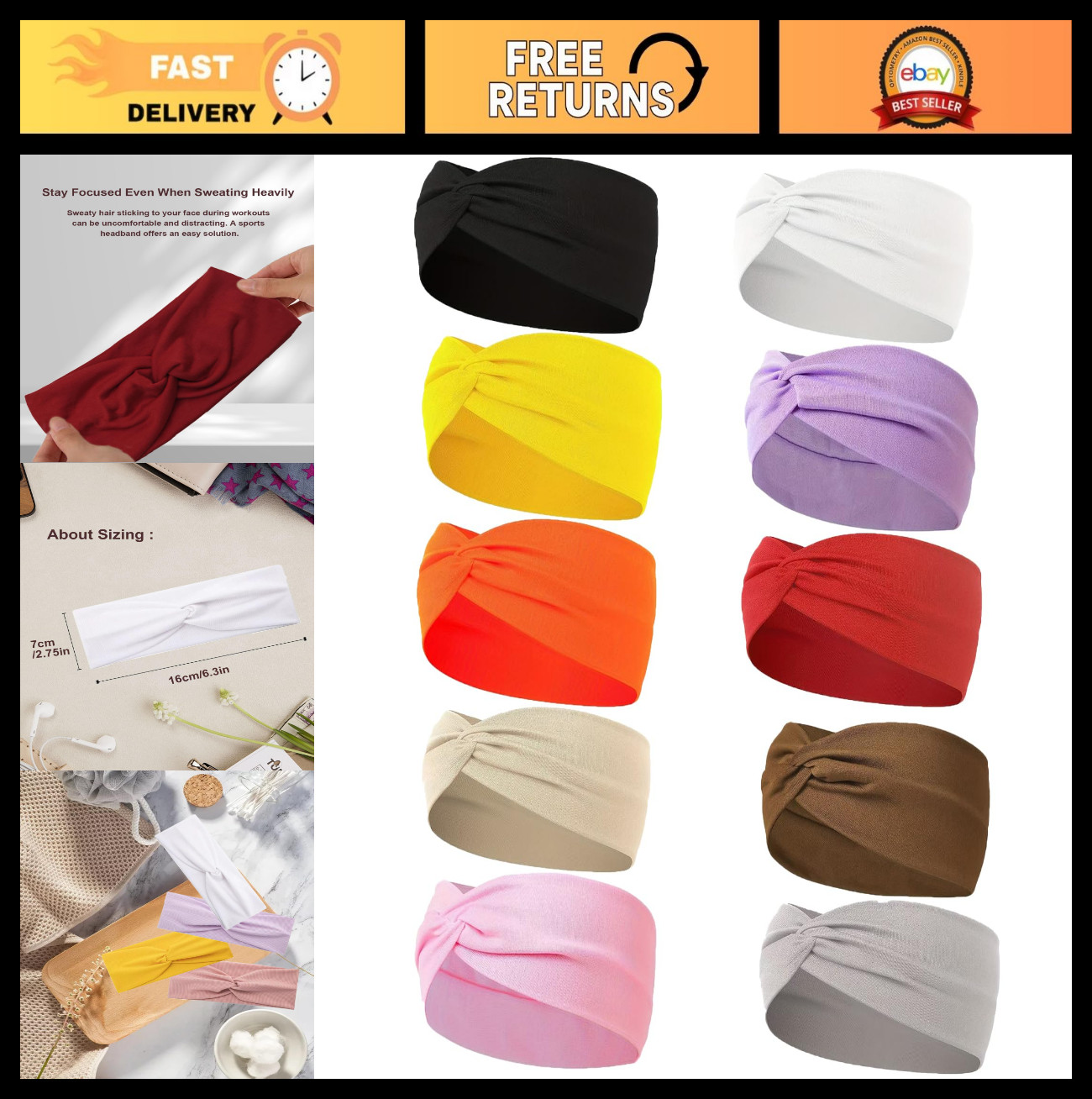 10 Pcs Non-Slip Stretchy Cotton Sport Headbands for Women – Soft, Absorbent Hair