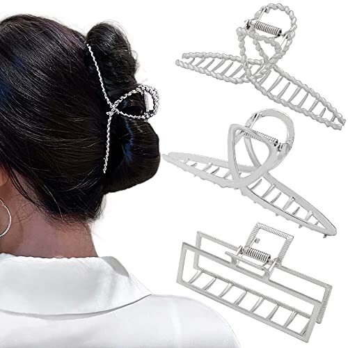 3pcs Hair Claw clips for Women, Metal Silver Large Hair clips for Thick Type D