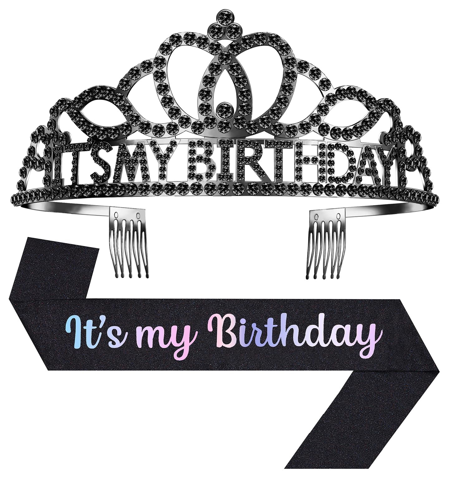 Birthday Tiara and Crown with Sash for Women Party A-Black