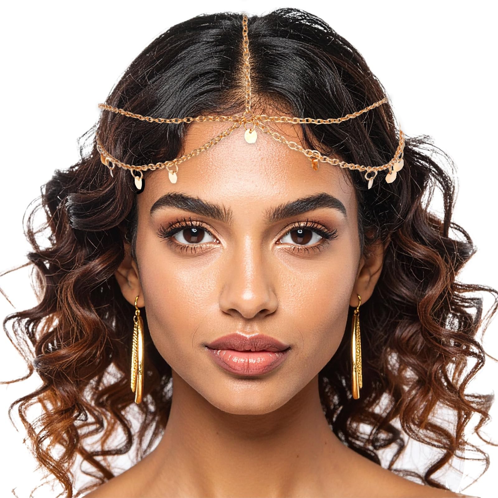 Boho Gold Headpiece, Sequin Hair Chain Jewelry for Festivals and Prom