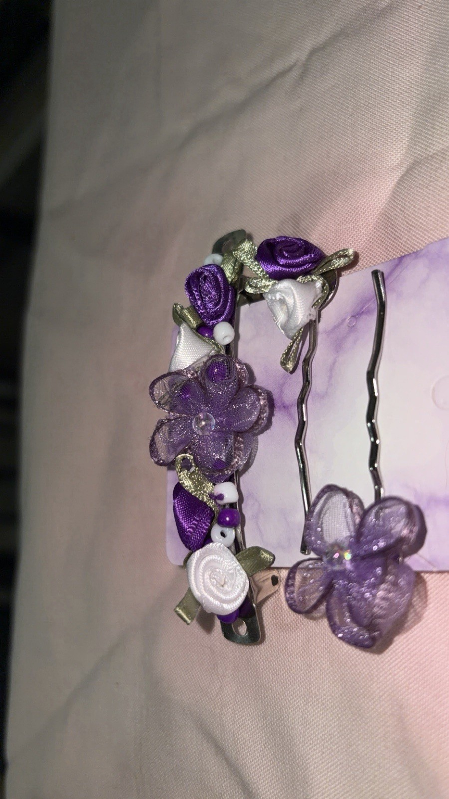 Handmade Purple & White Floral Hair Accessory Set – 3 Piece