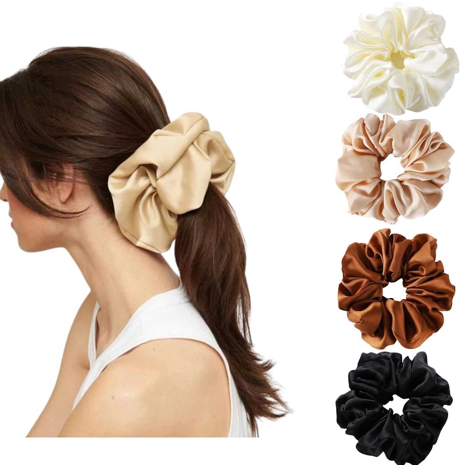 4 Pack XL Satin Silk Hair Scrunchies Oversized Elastic Hair Ties for Women Girls