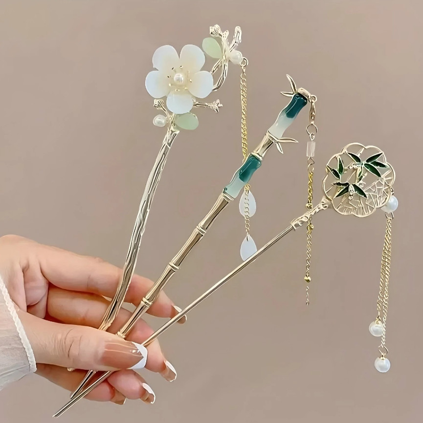 1pcs Elegant Chinese Style Tassel Hairpin – Traditional Floral Design Hair Stick