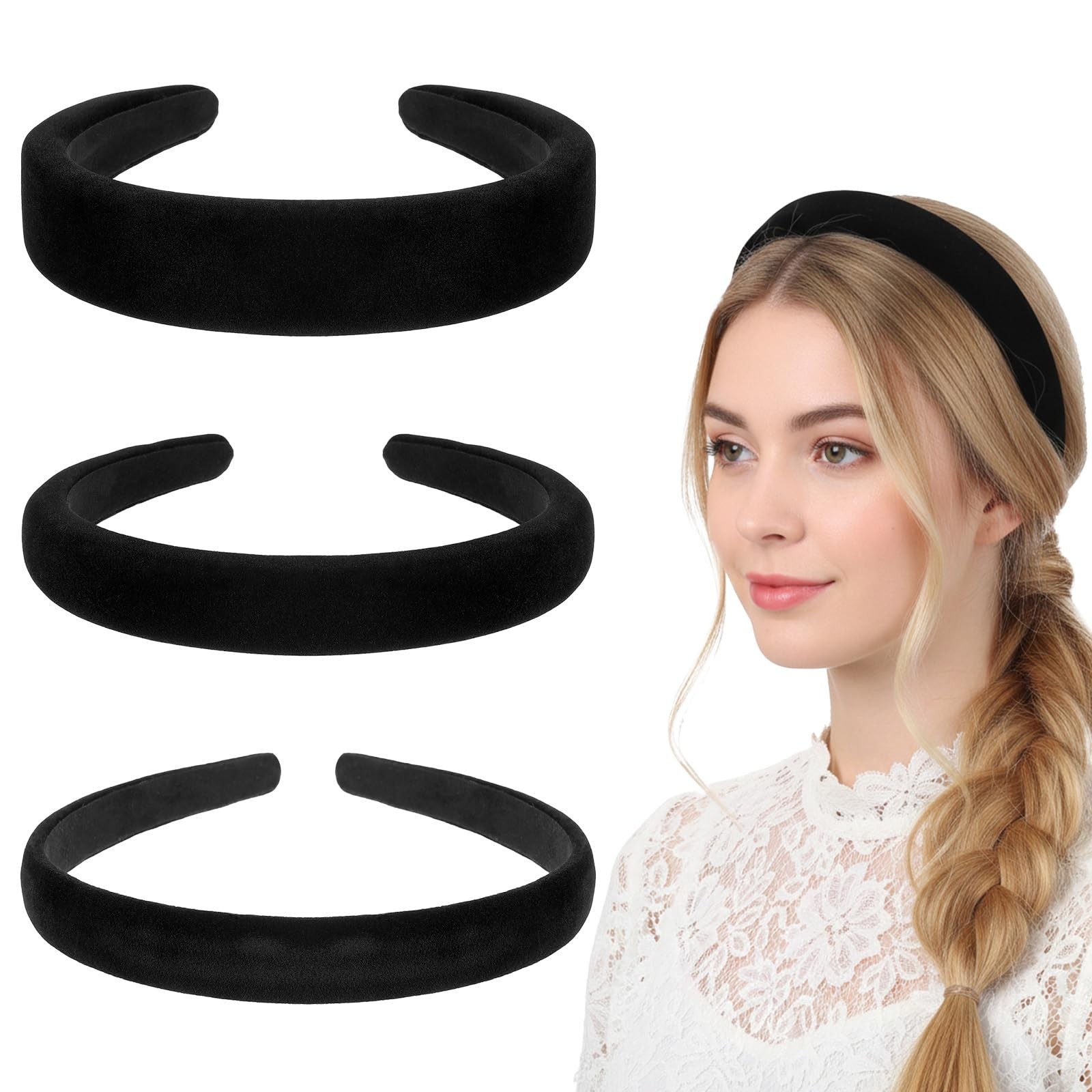 3 PCS Black Velvet Padded Headbands Solid Satin Wide Hairband Christmas Gift